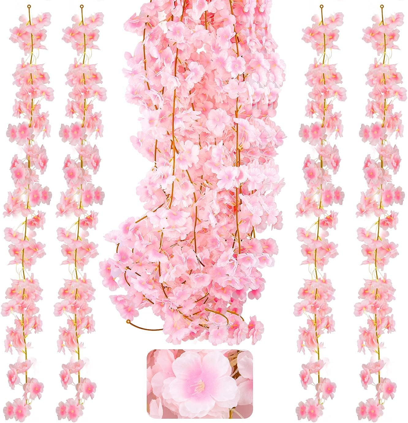 4 Pack Artificial Cherry Blossom, 5.9ft Artificial Silk Cherry Blossom Hanging Vine Garland for Home Wedding Indoor Outdoor Garden Wall Decor Party Decoration