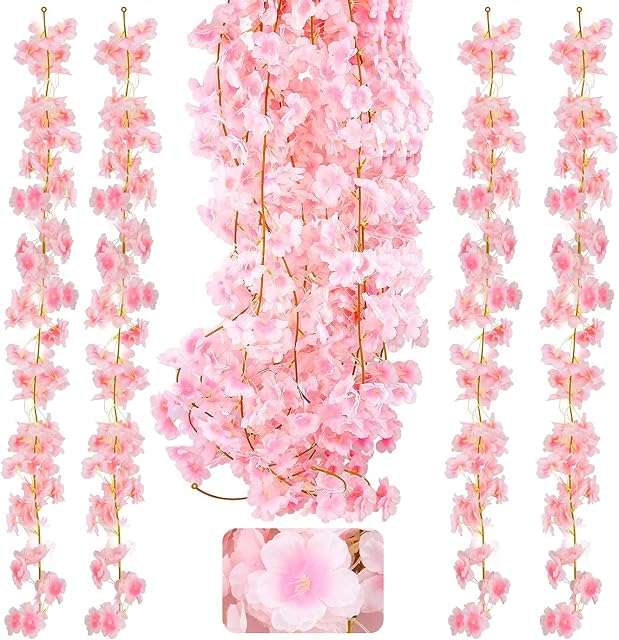 KONUNUS 4 Pack Artificial Cherry Blossom, 5.9ft Artificial Silk Cherry Blossom Hanging Vine Garland for Home Wedding Indoor Outdoor Garden Wall Decor Party Decoration