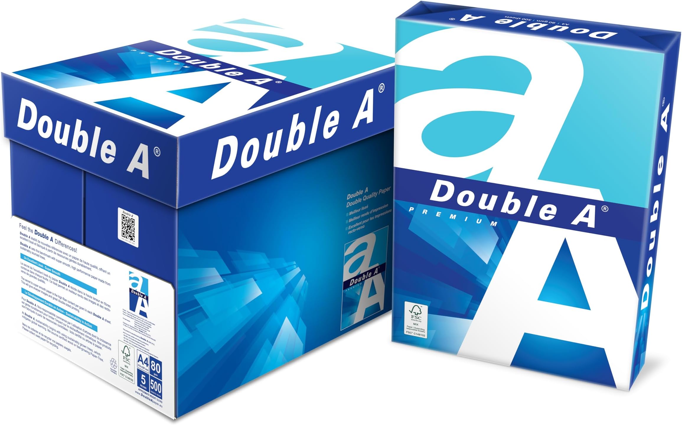 Double A - Printer Copy Paper, Size A4, GSM 80, 500 Pages Ream (Bundle of 5 Reams