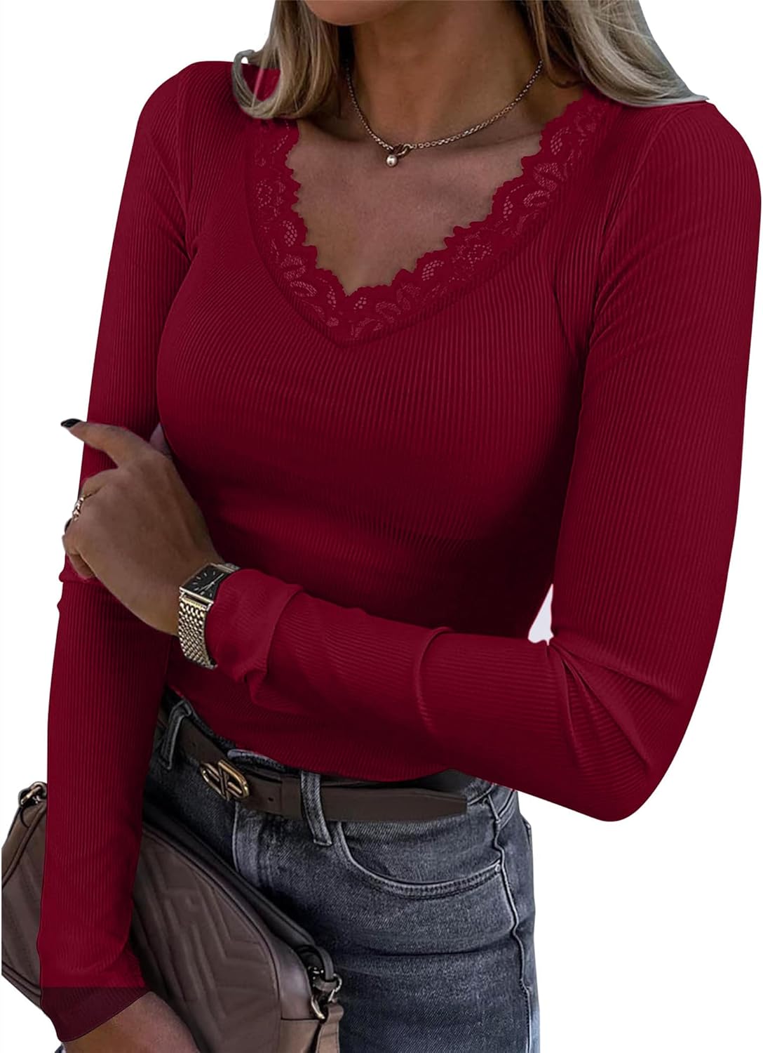 Dlaboonba Womens Lace V Neck Tops Short Sleeve Ribbed Knit Top Summer Slim Fit Casual T Shirts Blouse