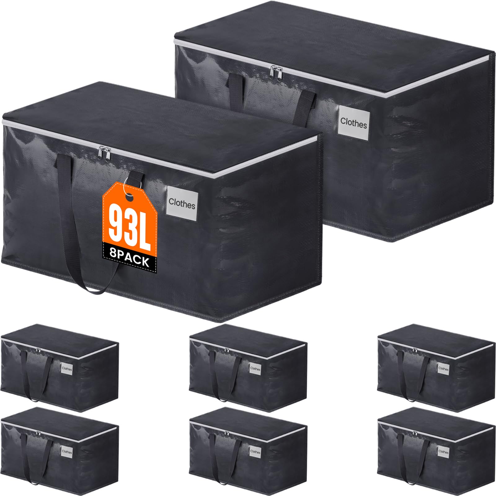 Fabspace Moving Boxes Heavy Duty Moving Bags with Strong Zippers and Handles Collapsible Moving Supplies, Storage Totes for Packing & Moving Storing 93L,8-Pack