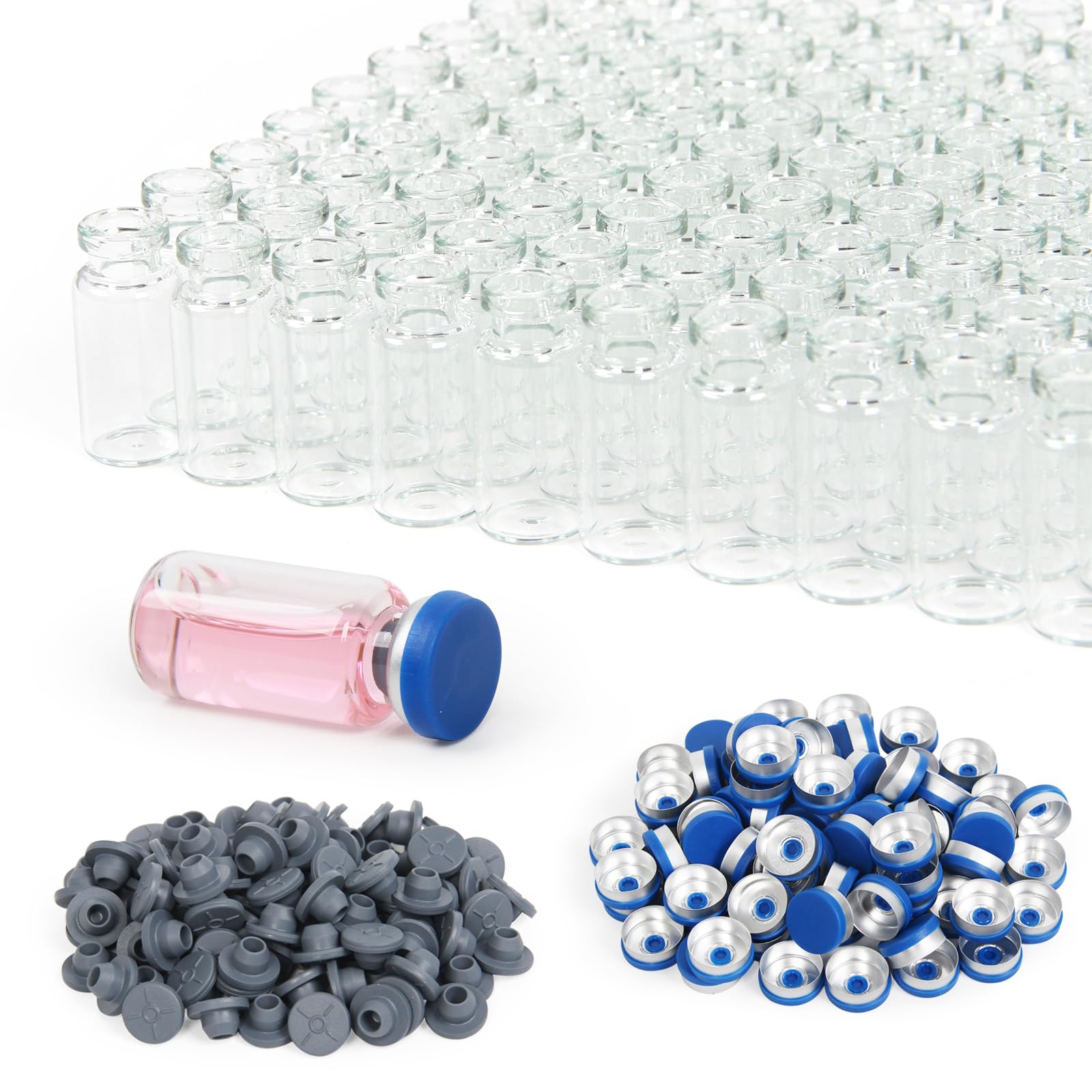 Photo 1 of 100 Pack 3ml Clear Glass Vials with Caps – 1 Dram Lab Headspace Vials, 13mm Neck Diameter, Includes Flip Top Caps and Self-Sealing Rubber Stoppers for Laboratory, Sample Storage
