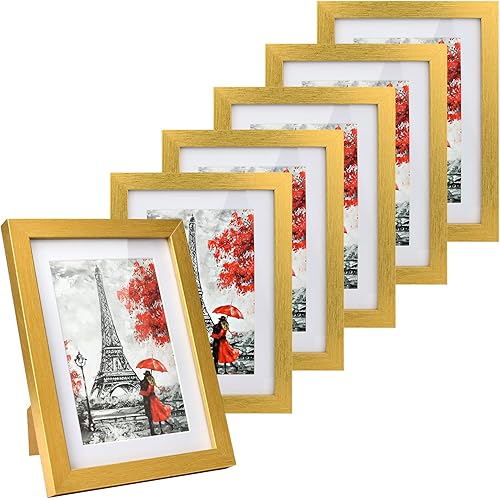 BEYAHELA Gold 5x7 Picture Frame Set 6 Pack, 5x7 Photo Frames, Display 5x7 without Mat or 4x6 With Mat, Wooden Frames 5x7 with HD Glass Display for TableTop or Home Wall Decoration (Gold)