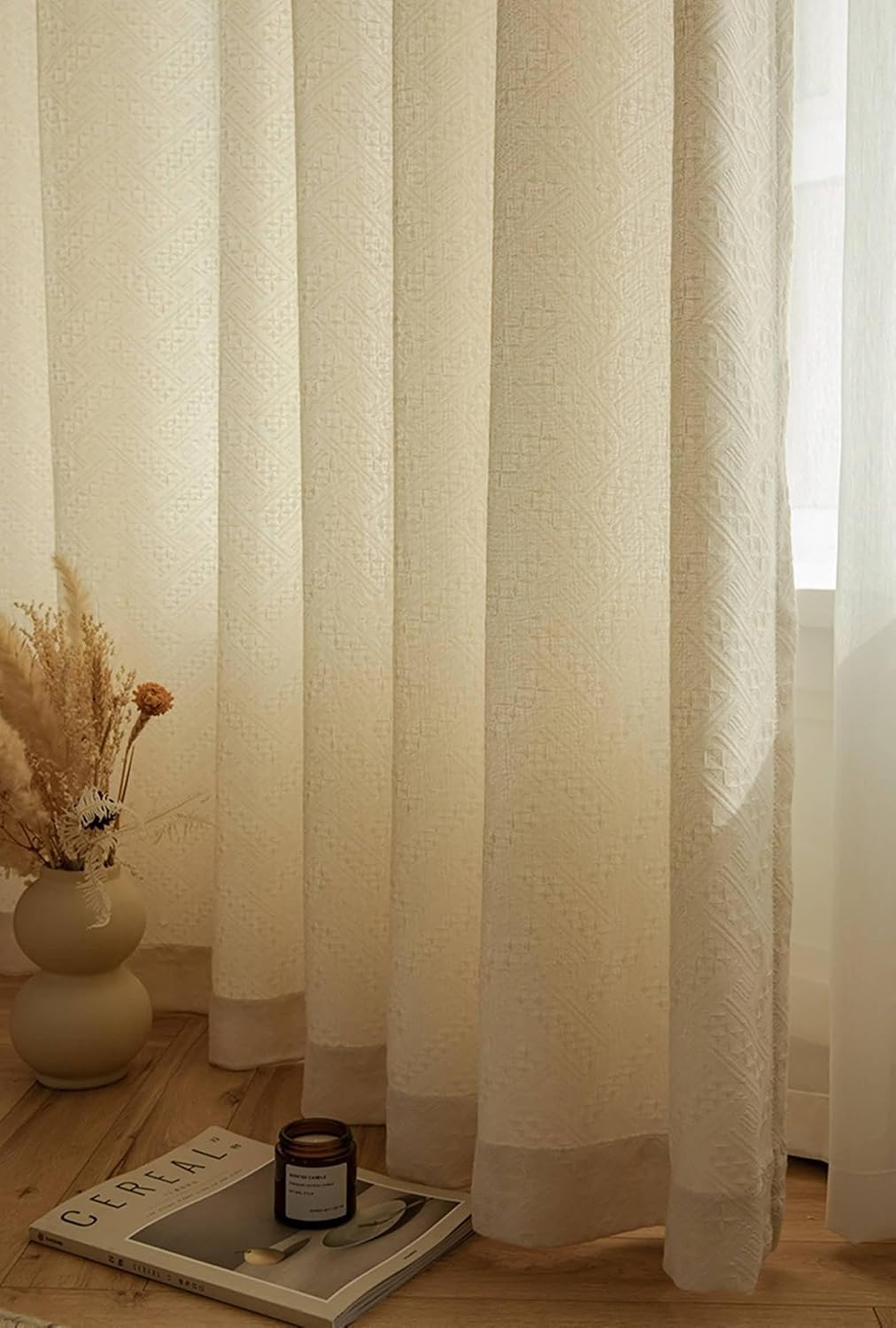 Daesar 2 Panels Transparent Curtains 63 Inch Length, Eyelet Sheer Curtains Solid Color Geometric Pattern Voile Curtains for Living Room Kitcken Window Treatment, 54x63 Inch Beige
