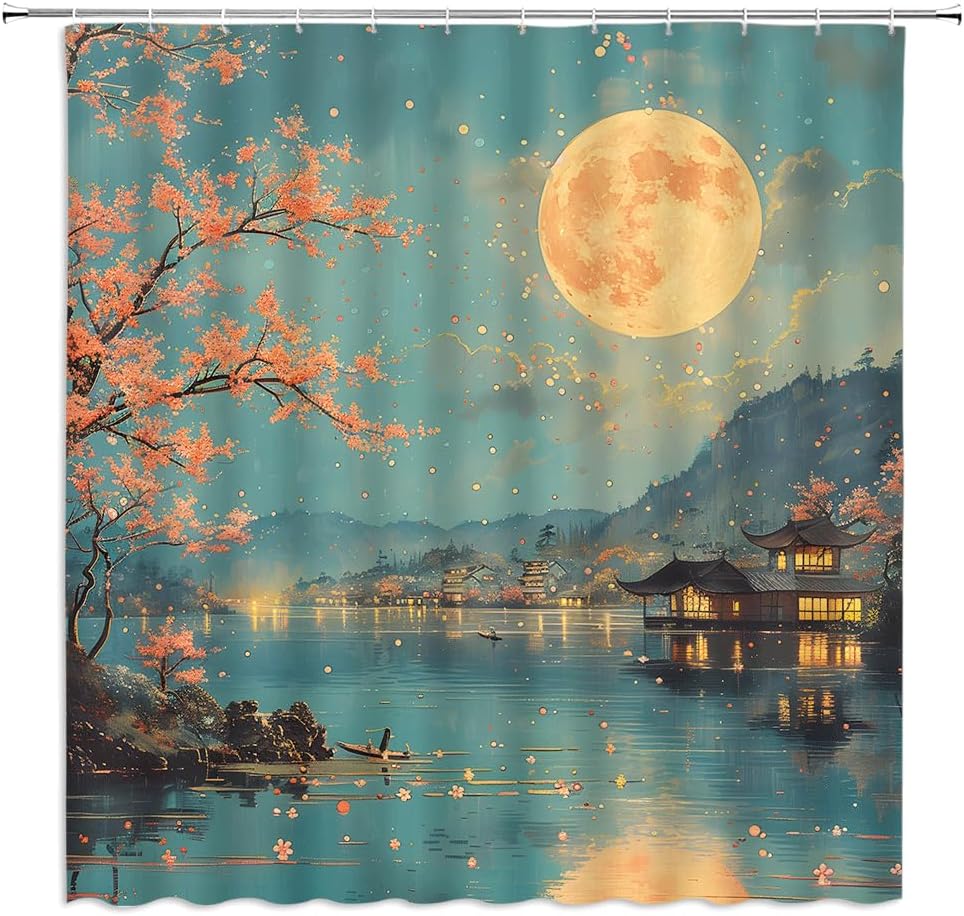 Asian Style Shower Curtain Cherry Blossom Floral Full Moon Lake Mountain Wonderland Starry Sky Rustic Landscape Oil Painting Fabric Bathroom Decor Curtains with Hooks,70 x 80