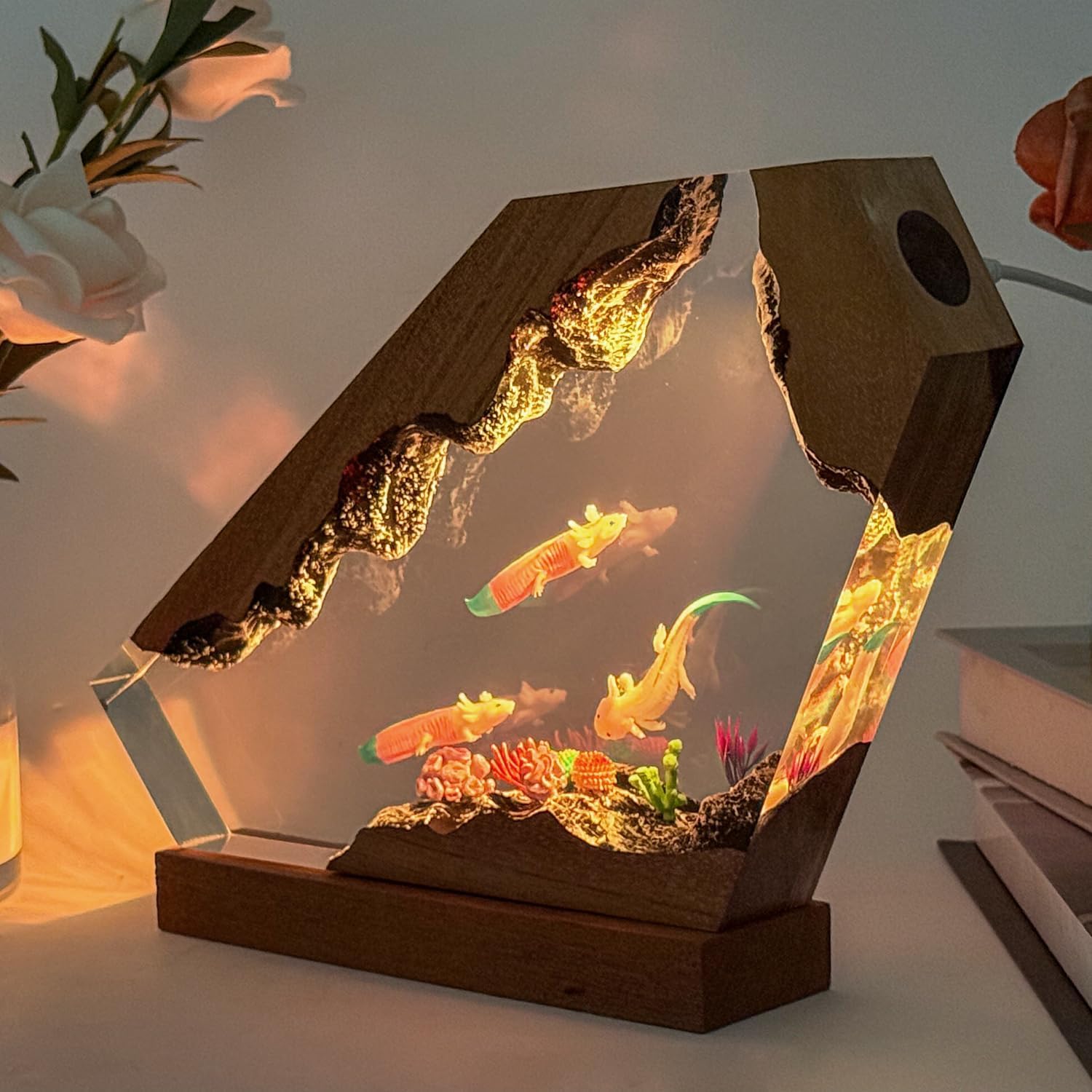 Axolotl Ocean Resin Lamp - Handmade Resin Night Light with USB Port, Variable Lights, Axolotl Gifts for Girls and Boys, Ocean Enthusiast Collectibles, Unique Birthday Gifts for Him & Her (10"x6")