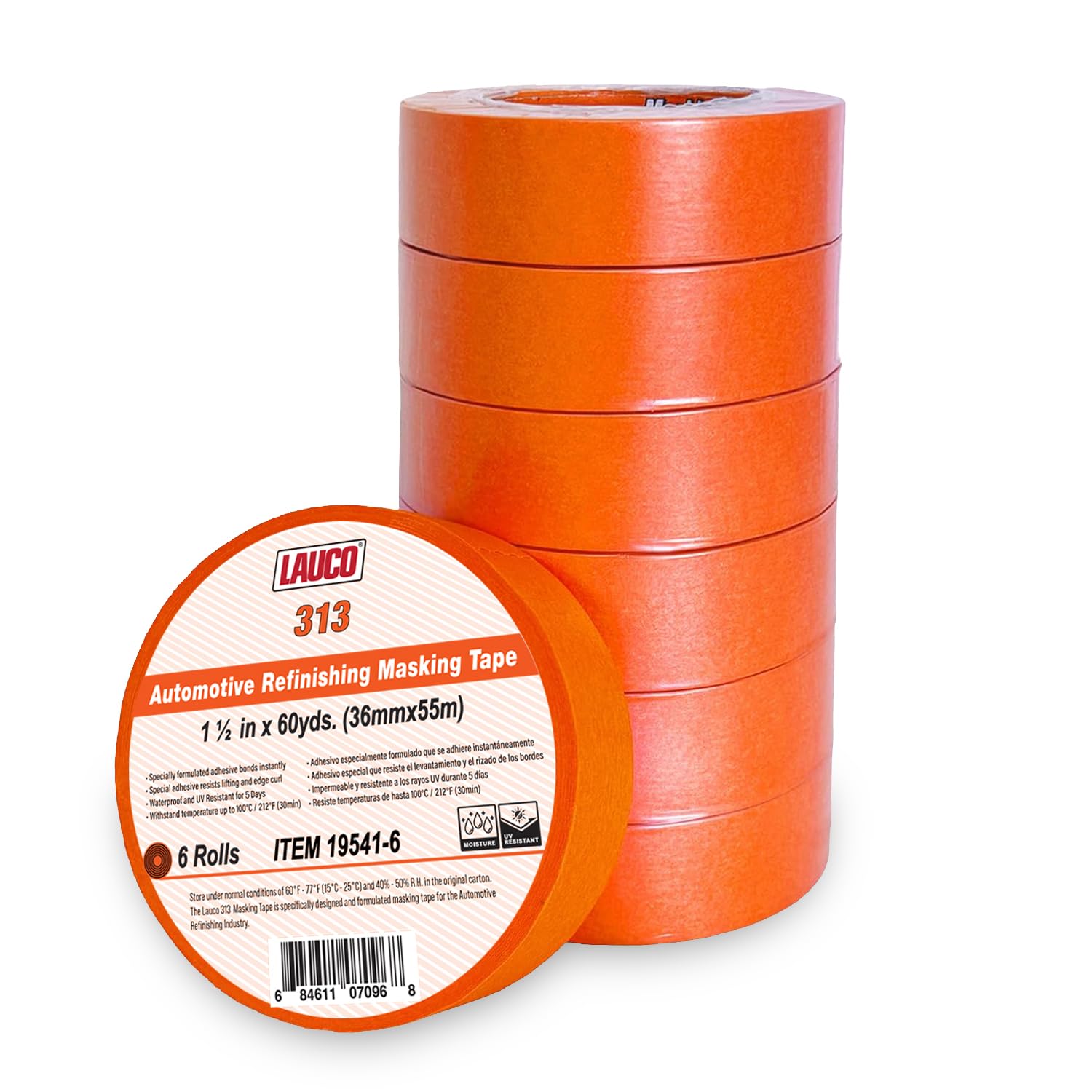 LAUCO Orange Automotive Refinishing Masking Tape 1.5 in x 60 yd (6 Rolls) – Autobody Painters Tape, UV, Moisture & Heat Resistant, No Residue,