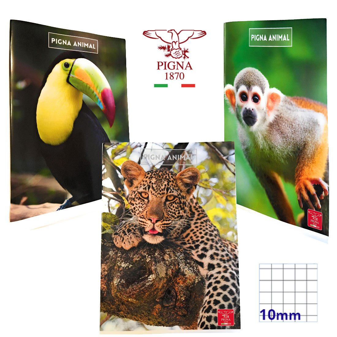 Pigna Animal Notebooks, 10 mm Ruling, Elementary Notebooks, Set of 3 Notebooks