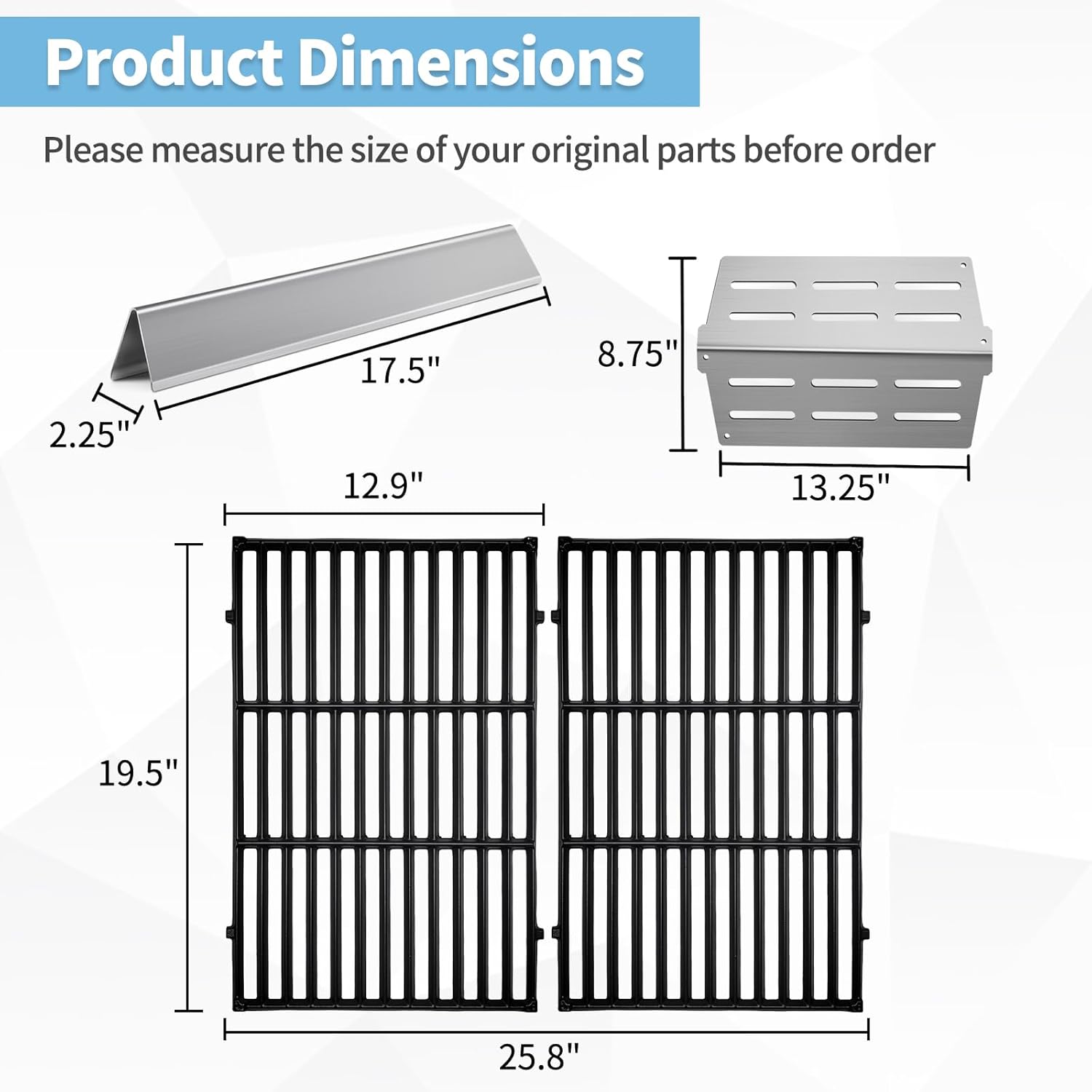 Genesis Grill Parts 7620 Stainless Steel Flavorizer Bars 7524 Cast Iron Grill Grates for Weber Genesis E310 E330 S330 with Heat Deflector Grill Replacement Parts for Weber Genesis 300 Series
