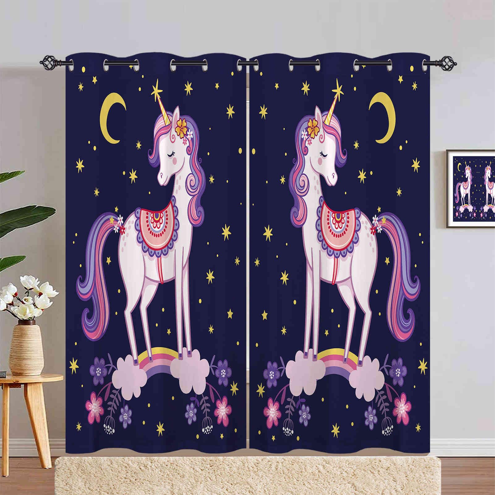 ANHOPE Einhorn Regenbogen Mond Stern Gardinen Blickdichte mit Ösen Kinder Mädchen Thermo Vorhänge Blackout Curtain Vorhang Wohnzimmer Schlafzimmer Verdunklungsvorhänge 2er Set H 200 x B 140 cm