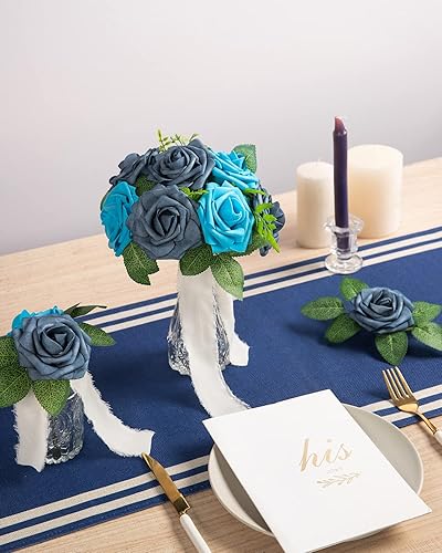 Miniatura 6 de DuHouse 25 rosas artificiales con tallos, flores de espuma de tacto real para bricolaje, ramo de boda, baby shower, centro de mesa, arreglo floral,