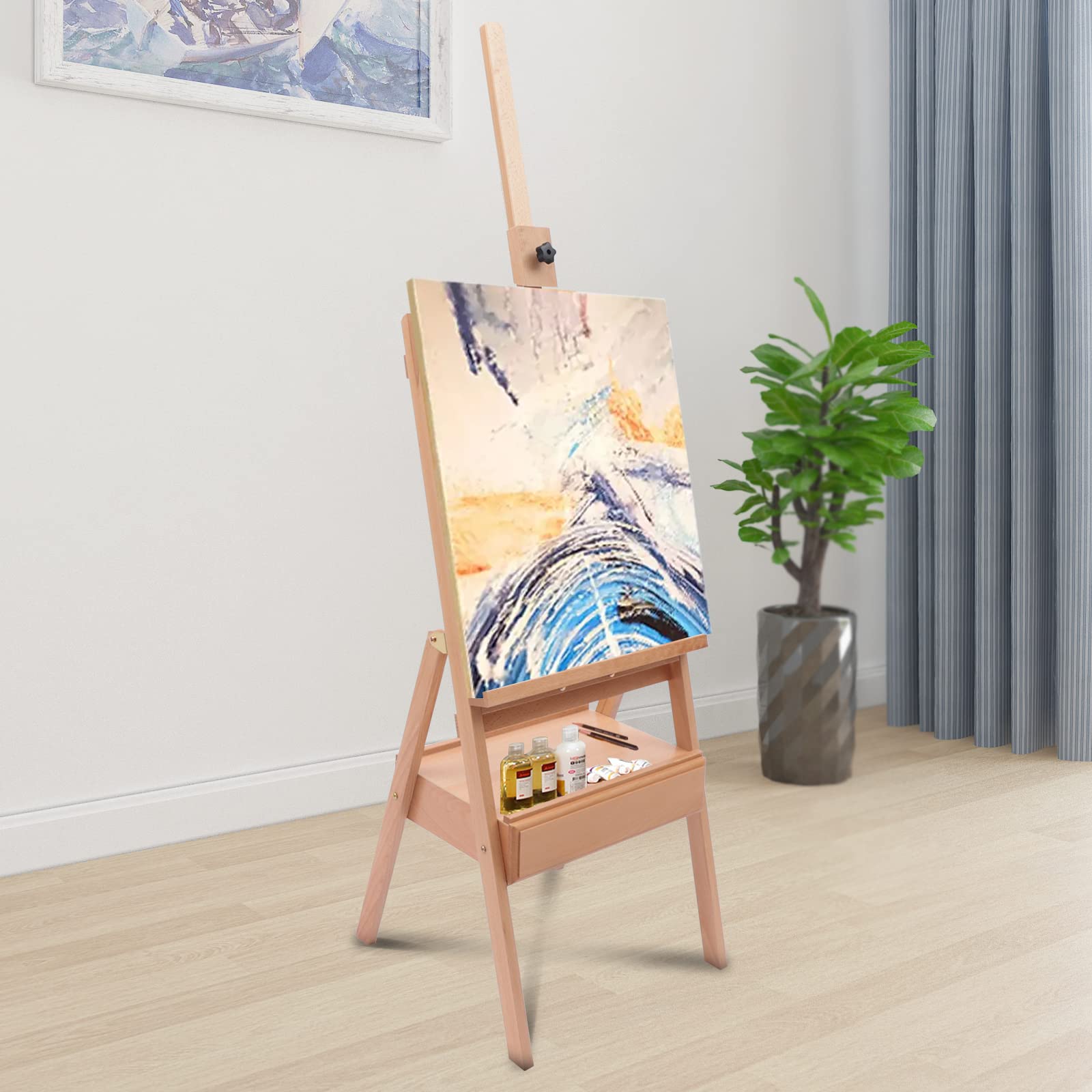 Caballete de artista con cajón de madera, soporte de dibujo ajustable 154-198 cm, soporte de lienzo portátil para pintura artística y publicidad al aire libre, adecuado para niños y adultos