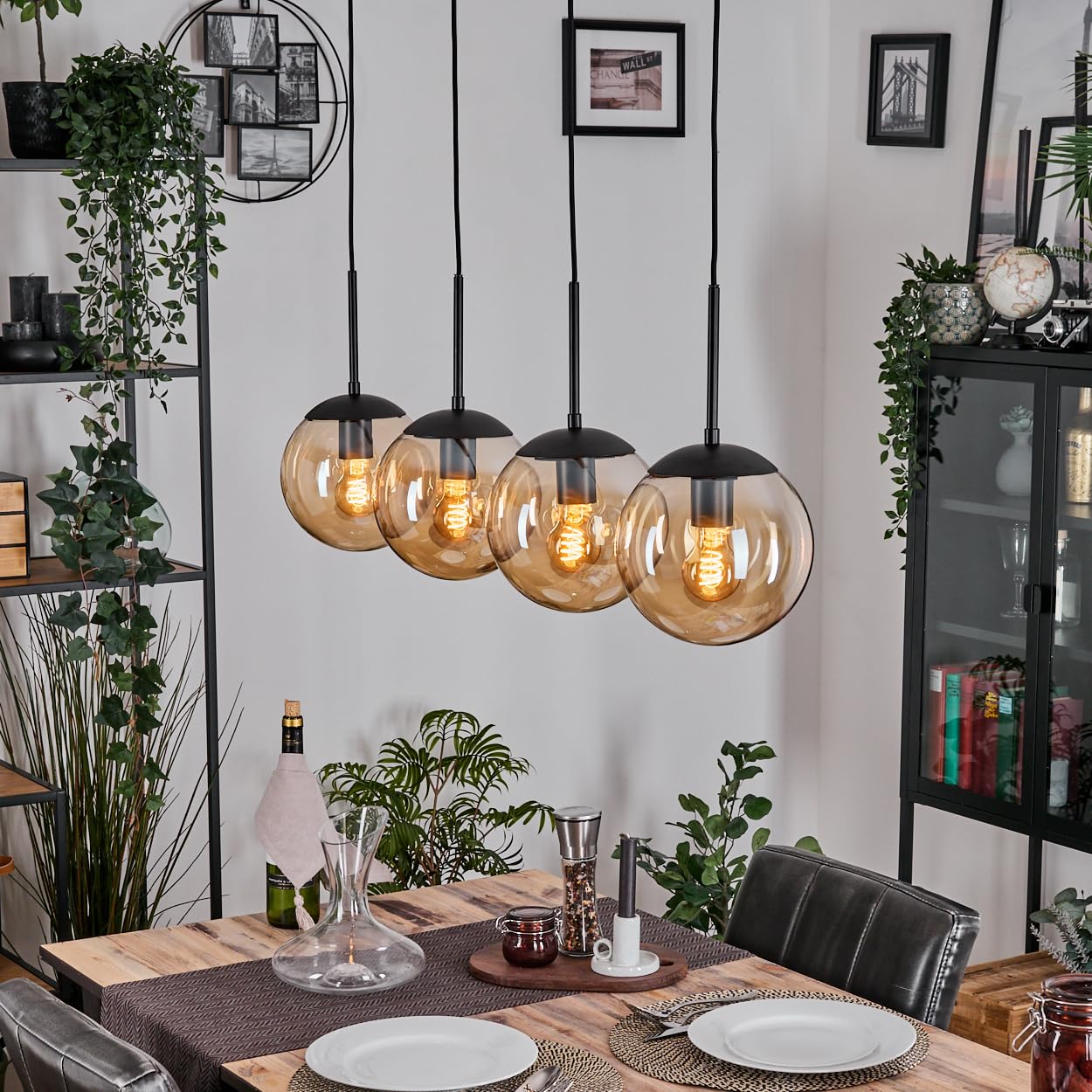 HOFSTEIN Pendelleuchte Yaak – 4-flammig, Verstellbar, Holzleiter & Metall, Vintage-Look