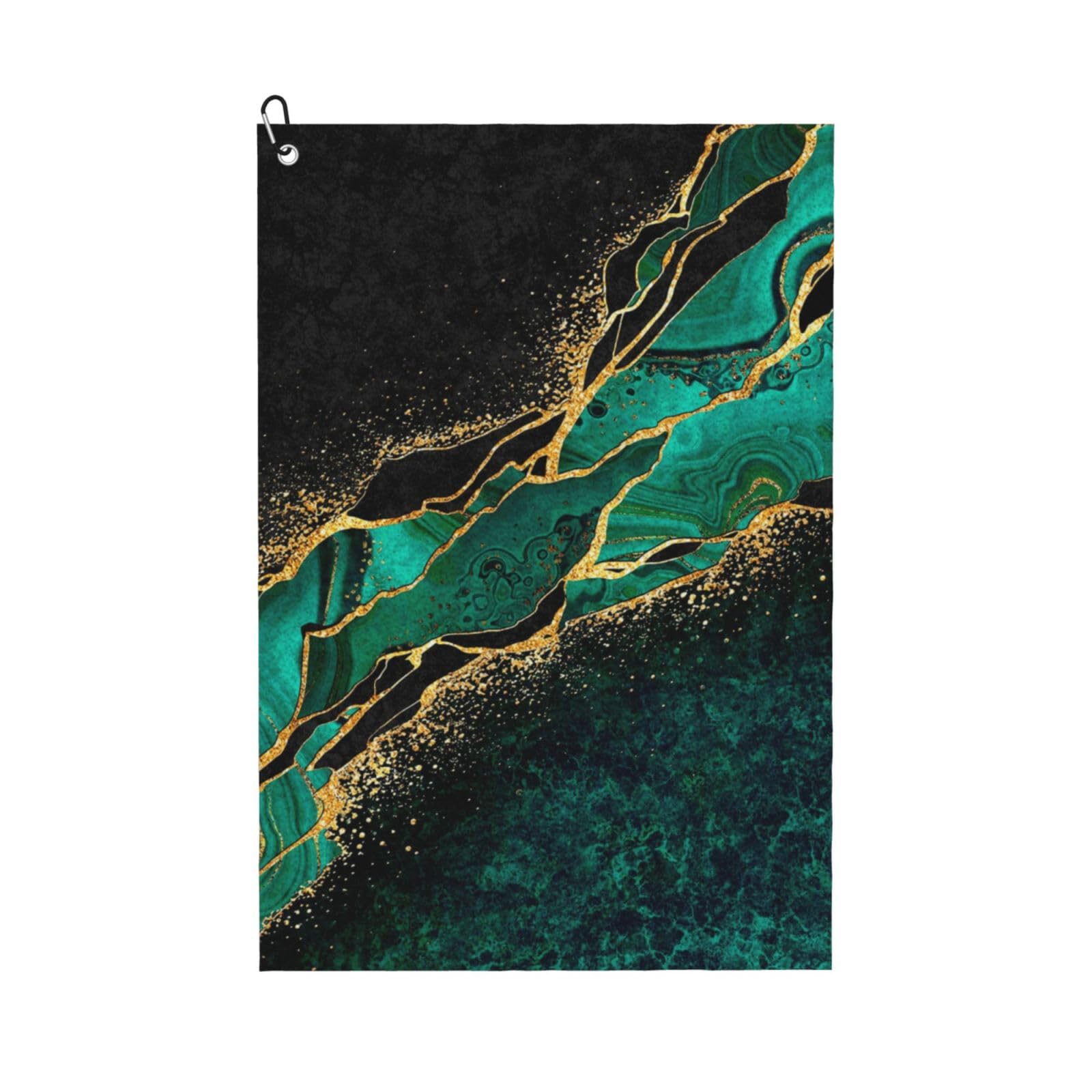 Hnnkloy Black Teal Marble Green Malachite With Golden Veins Gold Spots, 16x24 in Portable Waffle Golf Towels with Carabiner Clip for Golf Bag