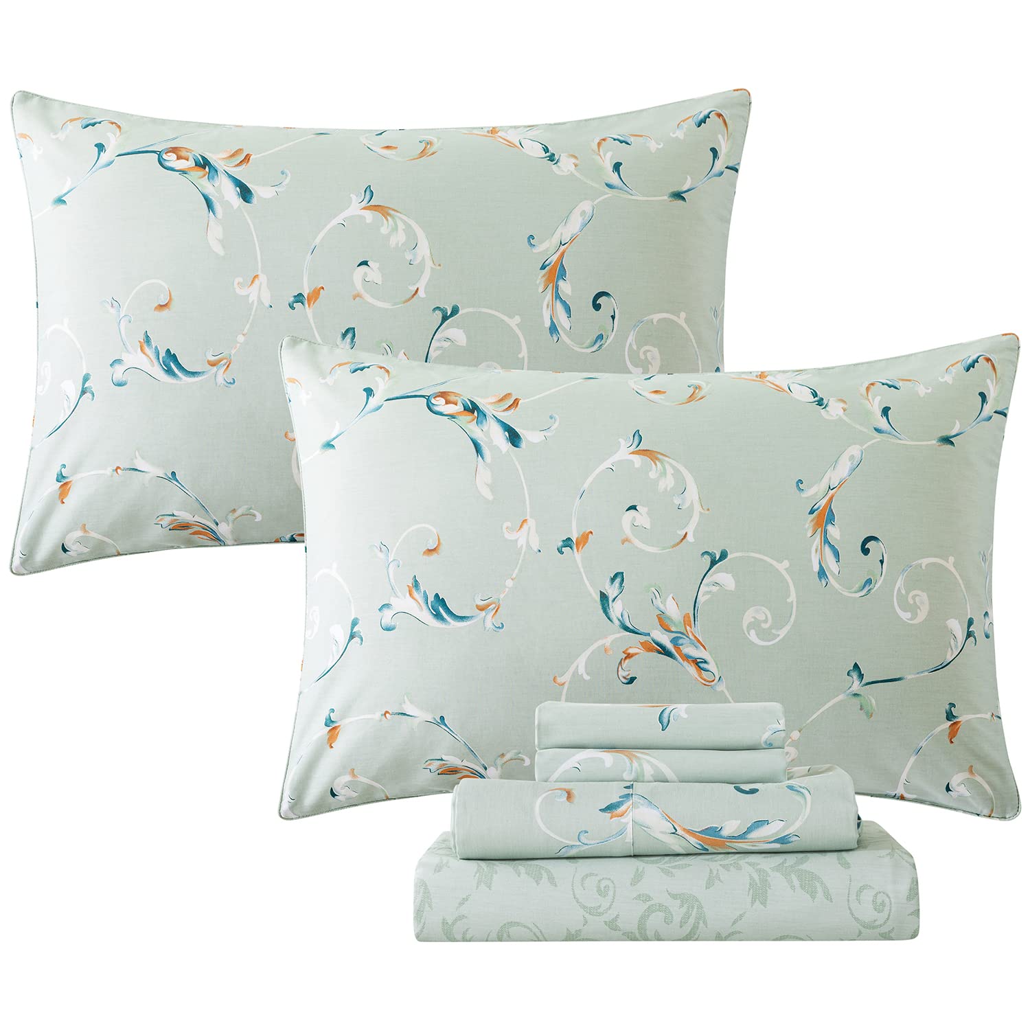 FADFAY Cal King Size Sheets 100% Cotton Teal/Light Green Leaf Printed Bed Sheet Farmhouse Bedding Soft Breathable Luxury Branches Pattern Floral Deep Pocket Sheet 17.5 '' 4 Pcs, California King