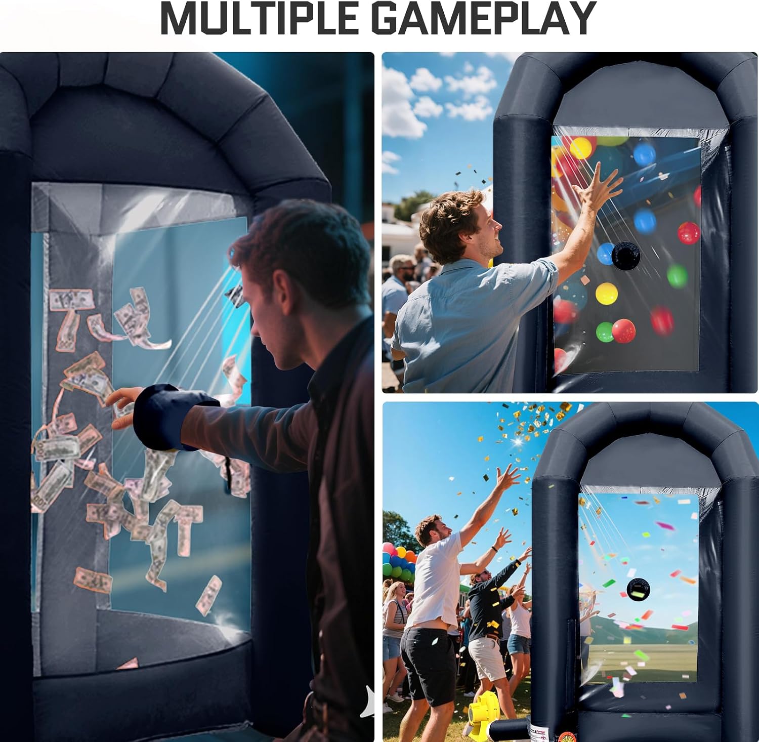 OZIS Inflatable Cash Cube Booth 5.2x5.2x8.2FT with Built-in Blower, Double Air Flow Tube Inflatable Money Grab Machine Booth for Advertising Promotions Business Event Party（Black）