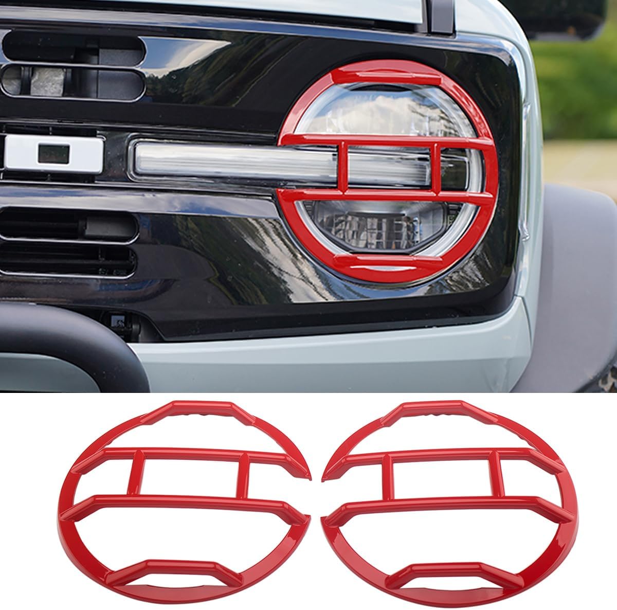 Red Headlight Cover for 2021-2024 Ford Bronco, Headlight Protector Guard with Anti-Scratch Trim - Pair, Durable Front Grille Off-Road Protective Accessories