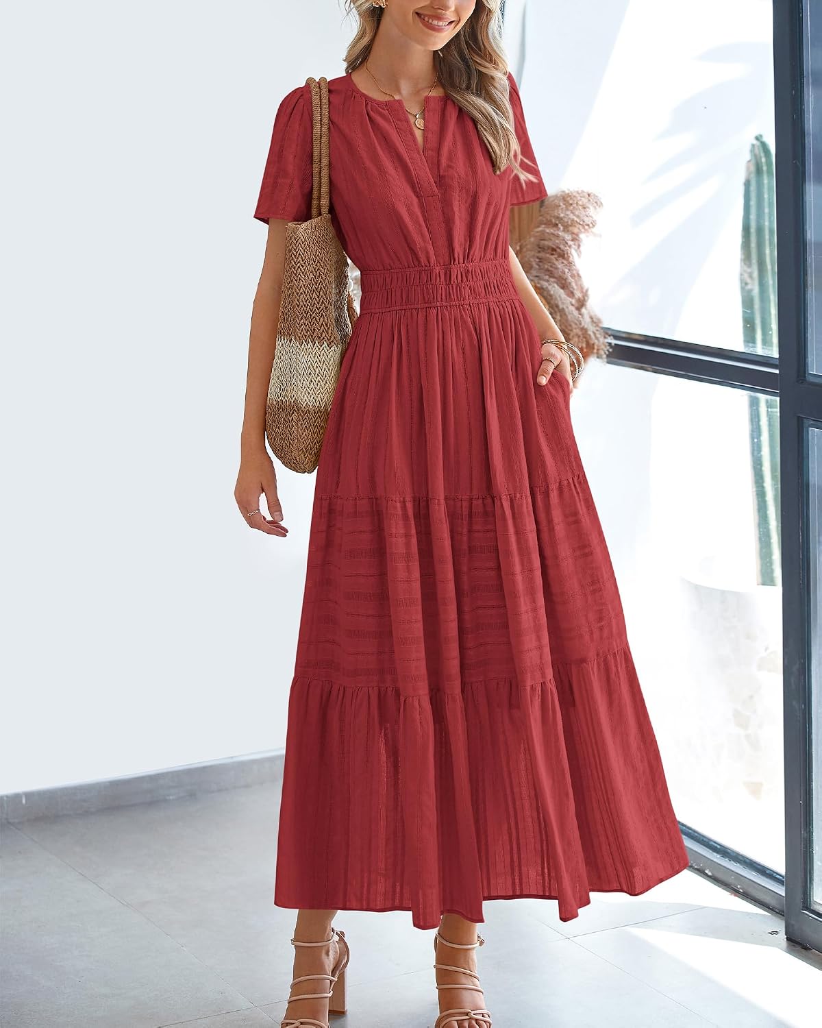 BTFBM Womens Summer 2026 Casual Midi Maxi Dresses Lightweight Short Sleeve V Neck Elastic Waist Boho Beach Dress Pockets thumbnail