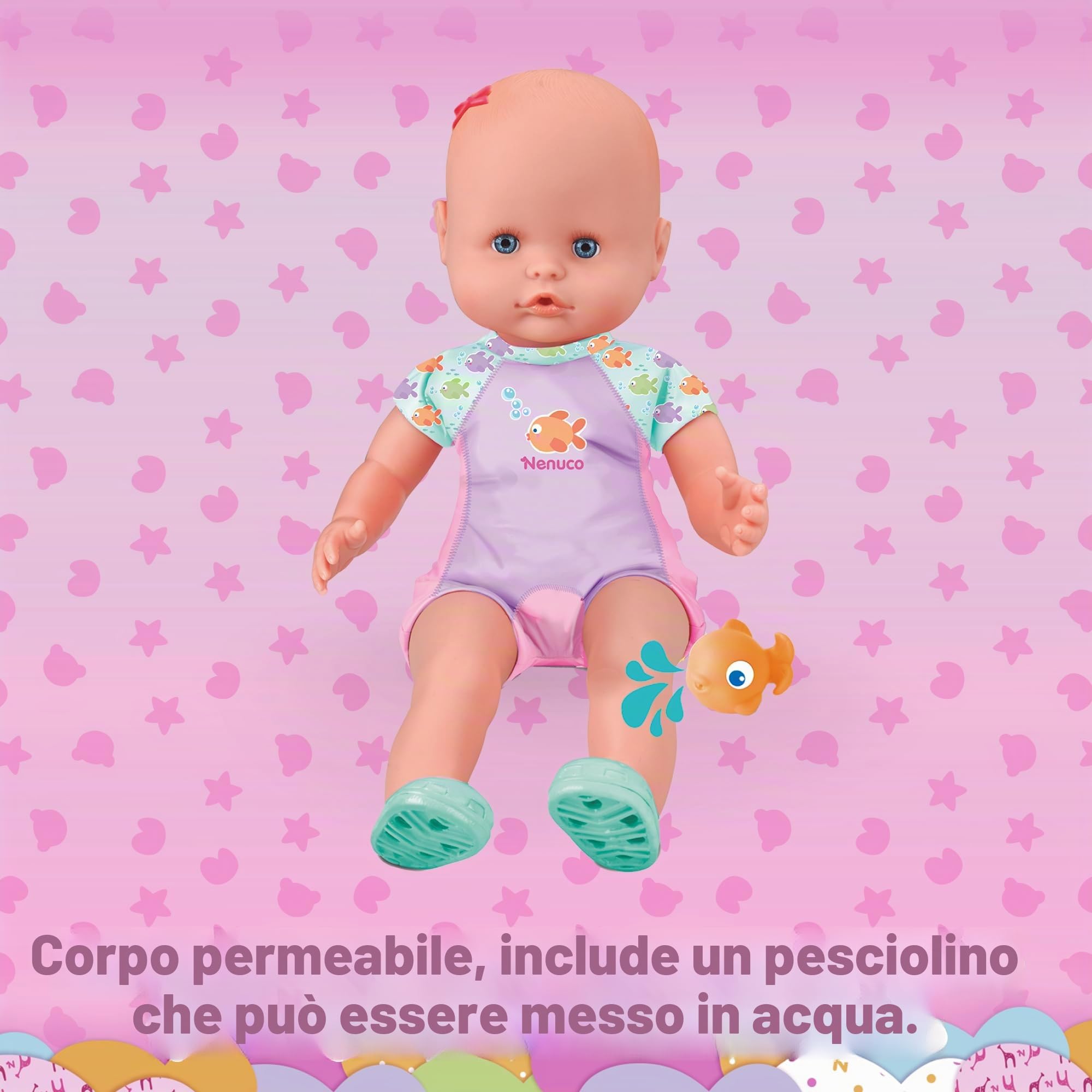 Nenuco - mio primo bagno. Bambola morbida con corpo sommergibile,costume rosa, puoi metterla nella vasca da bagno, in piscina o al mare, per bambine/I da 12 mesi, Famosa NFN88000