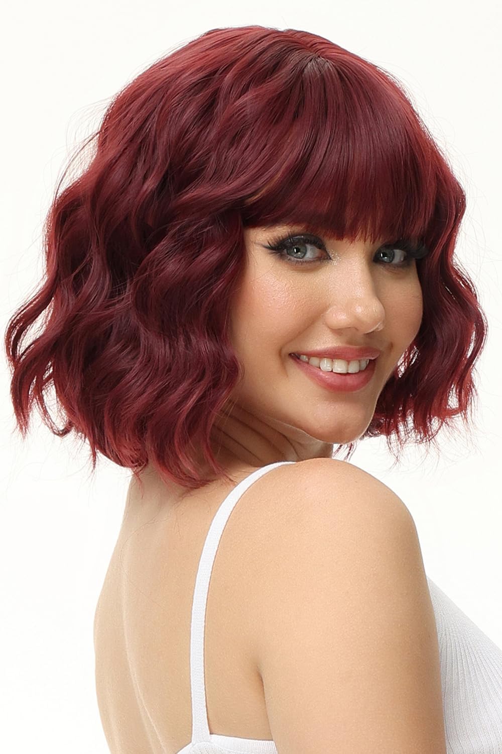 Luxiremi Perücken Weinrot Spezial Kurze Schulter Länge Lockig Gewellt Perücke Bob mit Pony Synthetische Cosplay Perücke für Damen