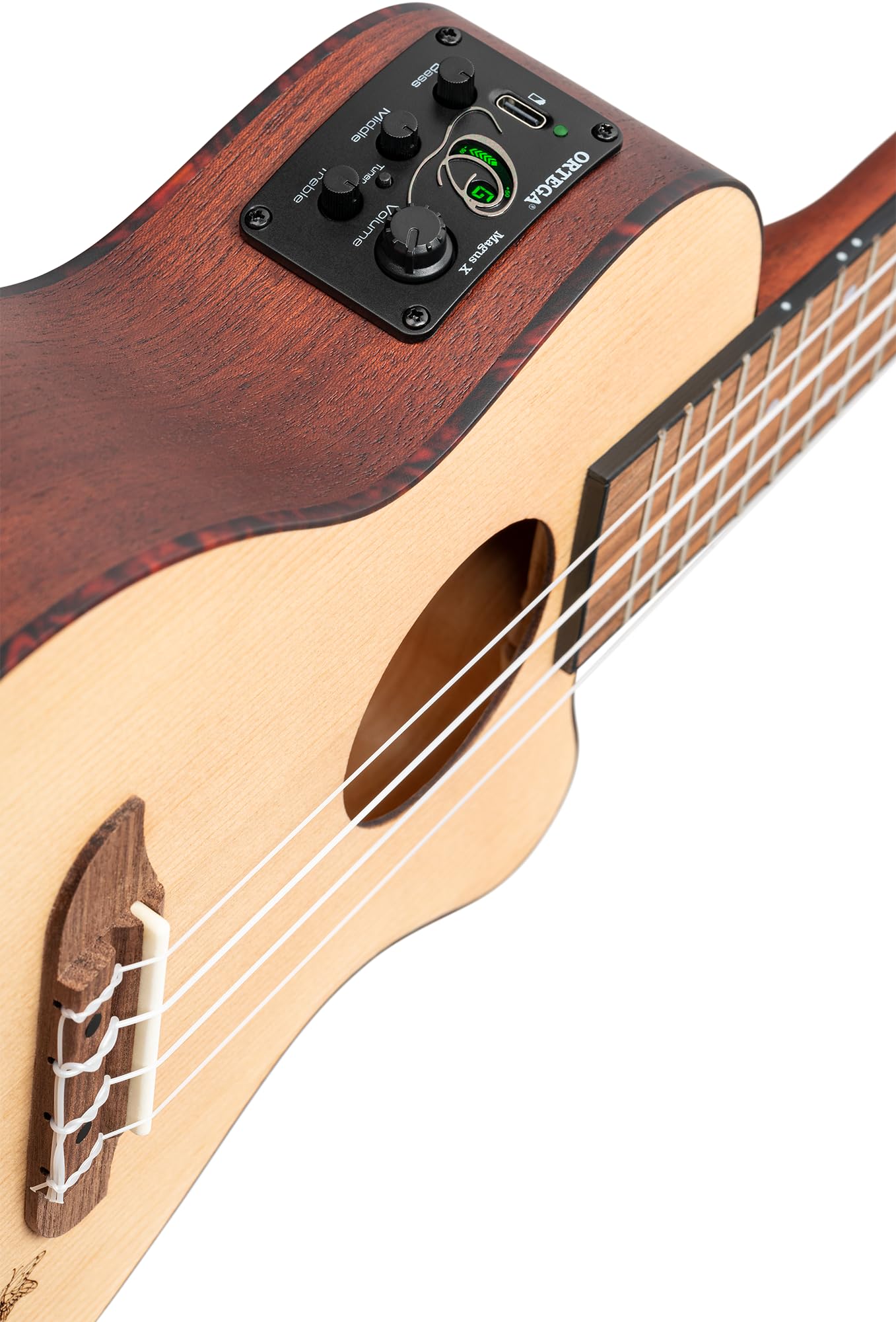 Ortega Guitars Konzert Ukulele Elektro-Akustisch – Bonfire Series – mit Cutaway – Fichte, Sapele, Natur (RU5CE)
