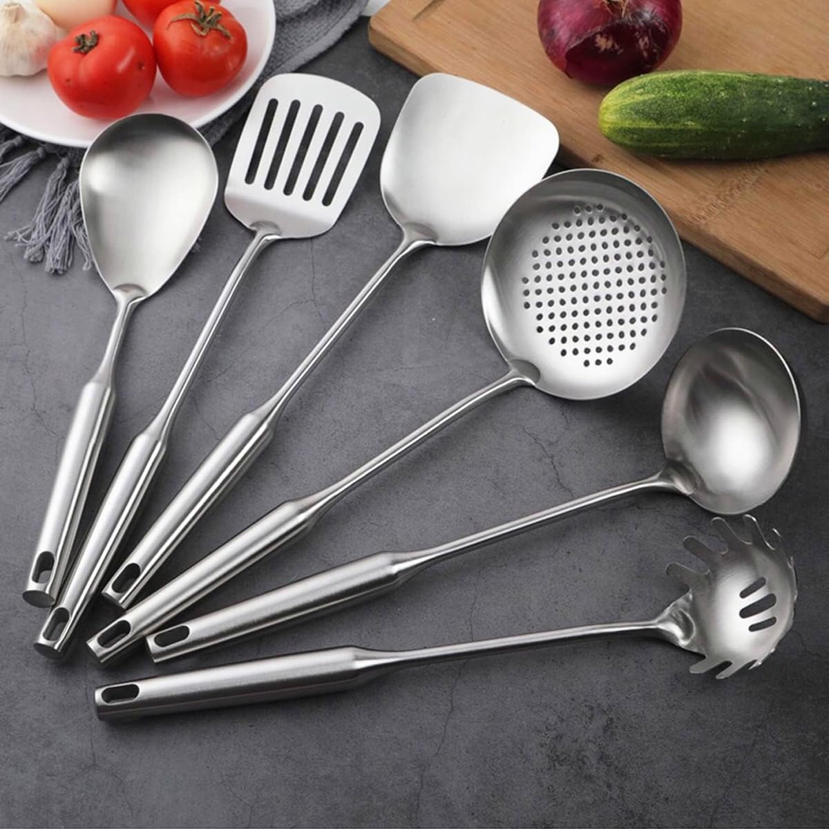 Juego de Utensilios de Cocina de 6 Piezas,304 Acero Inoxidable,espátula y cucharón, cuchara de skimmer,espátula ranurada,cuchara de espagueti y cuchara de arroz,Apto Para Lavavajillas