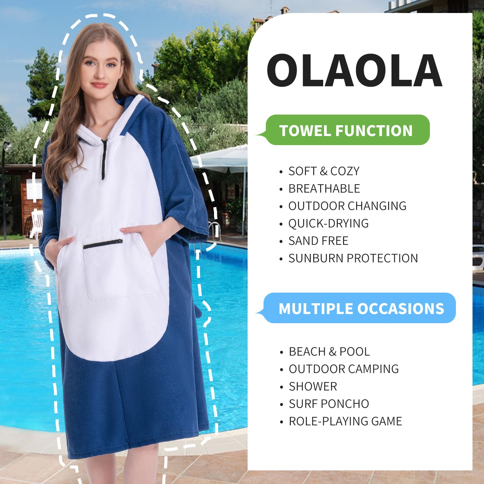 OLAOLA Surf Poncho Wickeltuch, Bademantel, Poncho mit Tasche, Übergröße, schnell trocknend, Frottee, Kapuze für Damen, Herren, Hai, Erwachsene