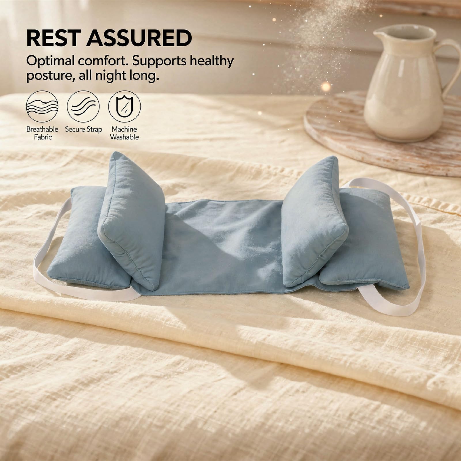 Almohada para dormir para ancianos, almohada de posicionamiento sanitario con alas ajustables, almohada para la cabeza, algodón higiénico, correa fija, lavable a máquina, 47 x 21 cm
