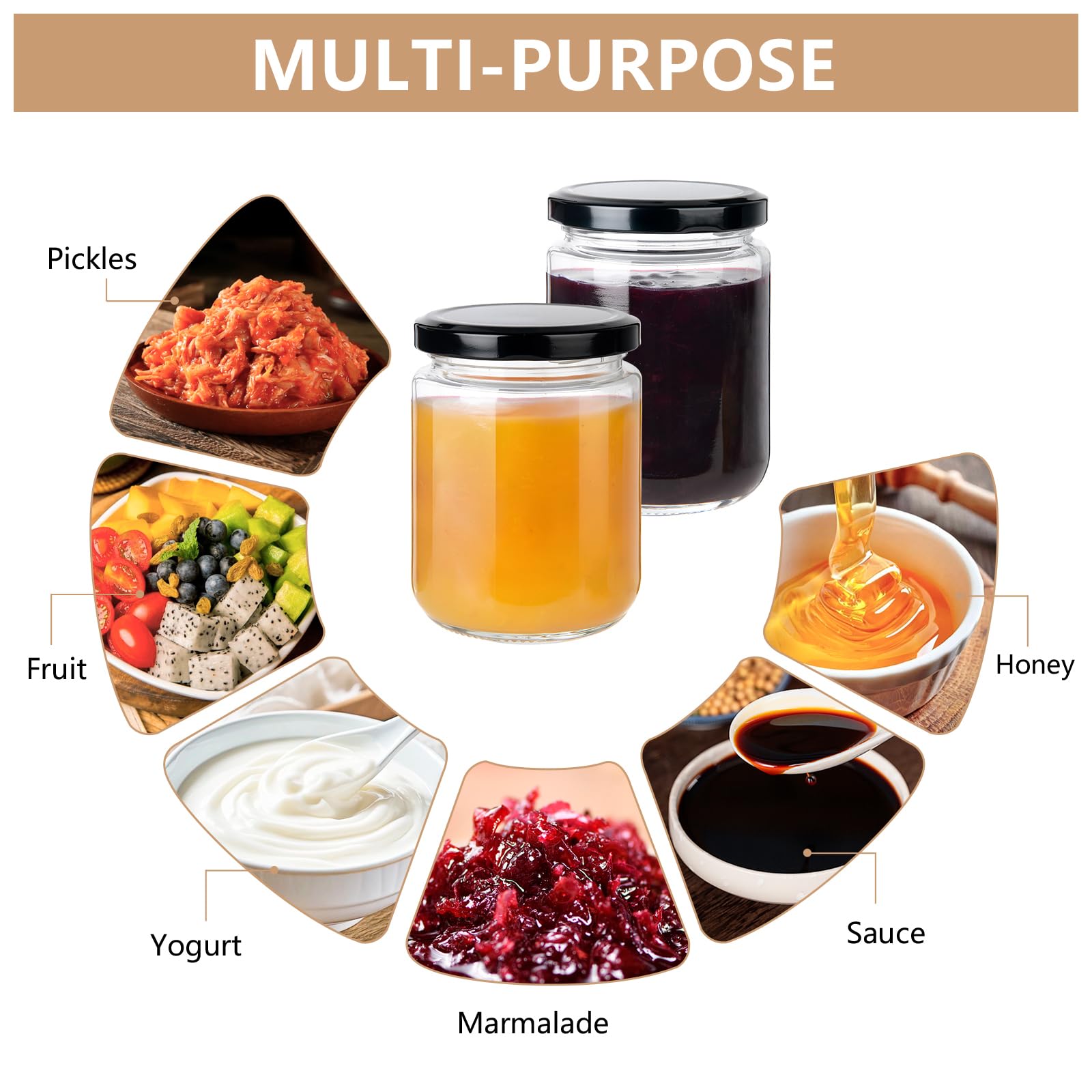 YBCPACK Marmeladengläser mit schwarzem Deckel, klare Chutney-Gläser, 240 ml, kleine Einmachgläser für Gelee, Honig, Gurken, 240 ml, 24 Stück