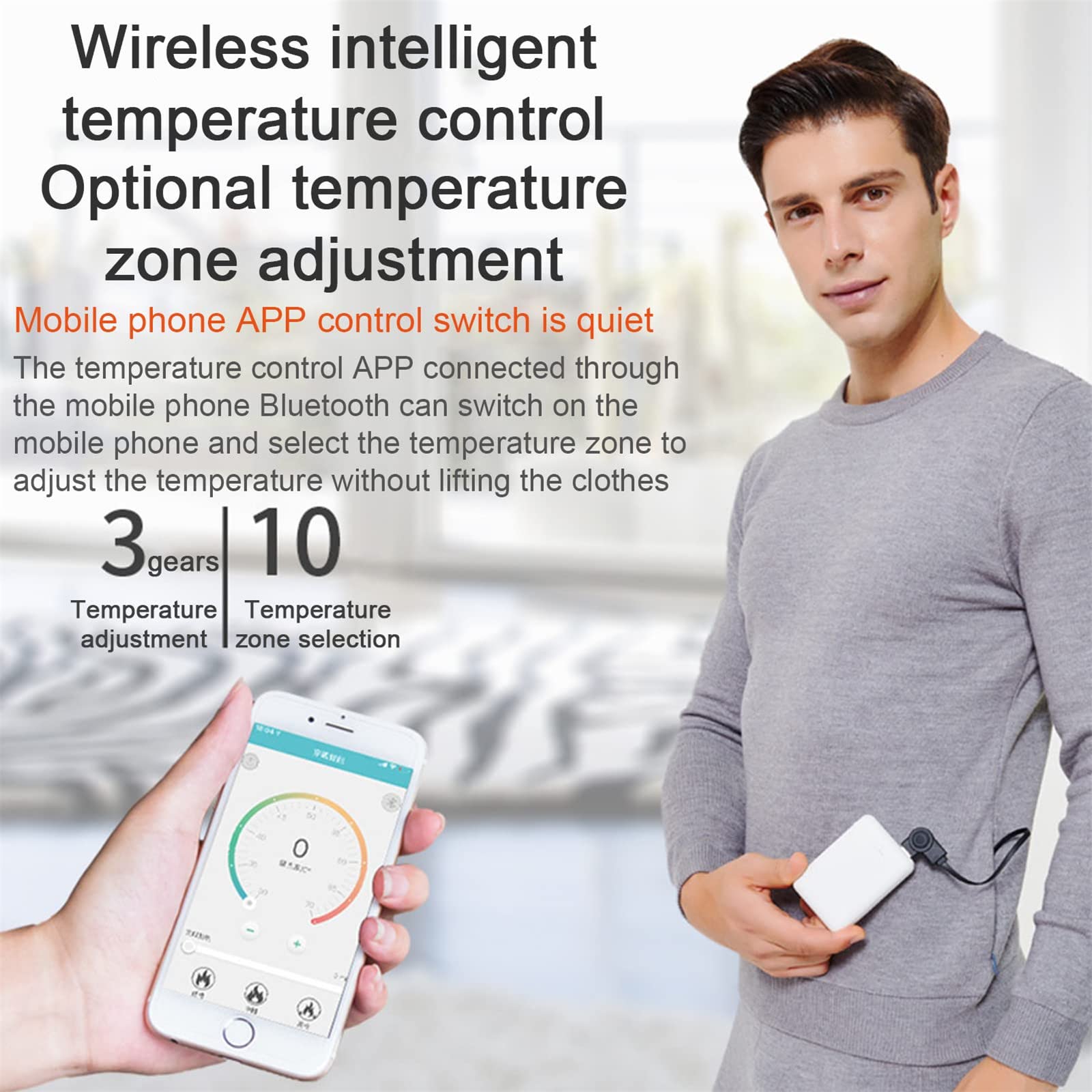 Conjunto de Ropa Interior con calefacción USB para Hombre, Traje de esquí térmico Lavable, Ropa de Invierno para Acampar al Aire Libre, Top elástico cálido + Pantalones (Negro S)