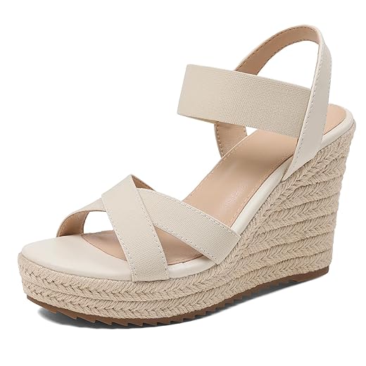 mikarka Women's Open Toe Espadrilles Wedge Sandal Slip On Elastic Ankle Strap Platform Sandals Dressy Comfortable Wedges Shoe Nude Size 8