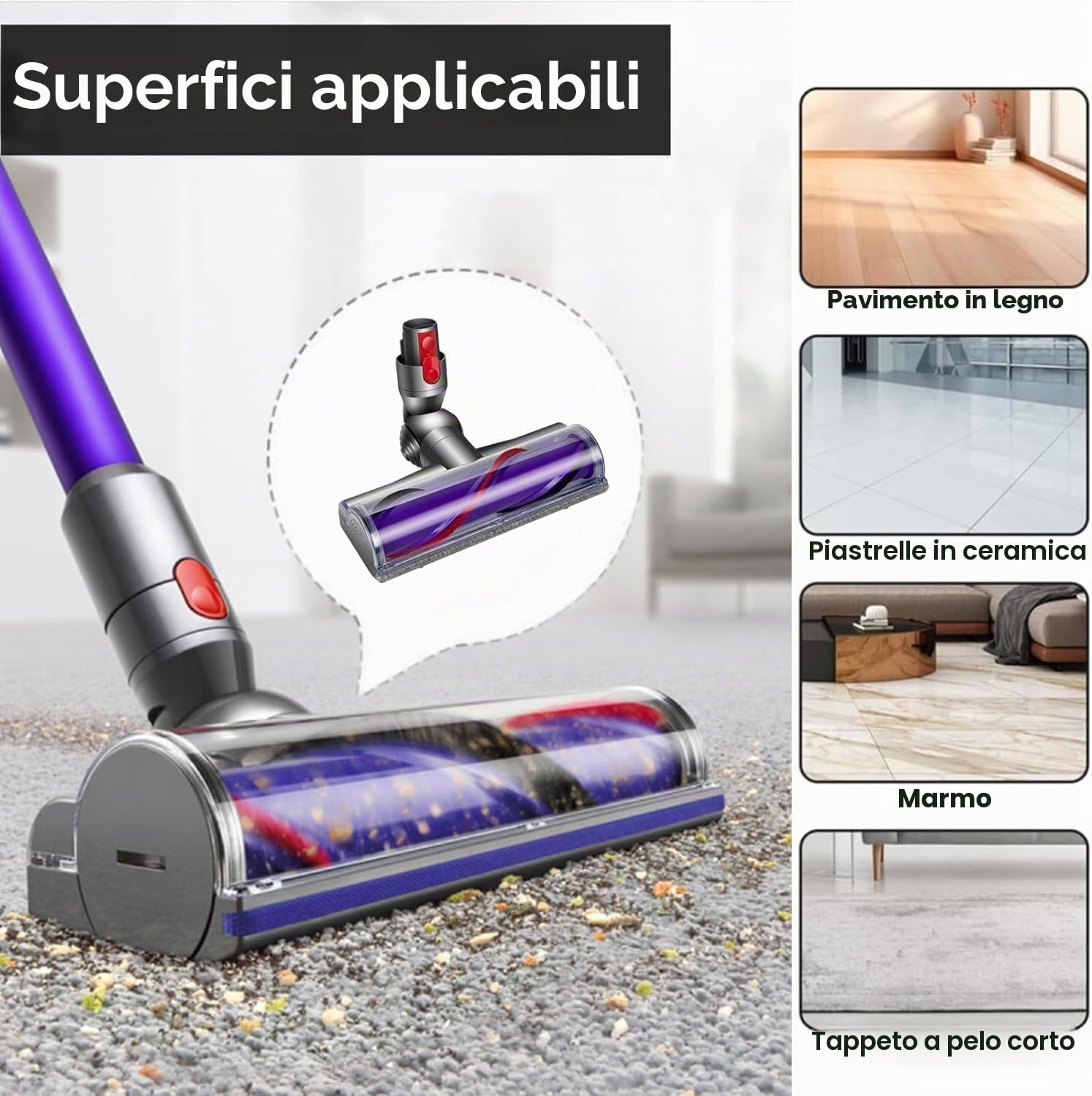 Testa di ricambio con sgancio rapido per spazzolino elettrico Dyson V7 V8 V10 V11 V15 con testa a motore diretto per pavimenti in legno duro e tappeti, accessorio per spazzole a rullo di setole SV10