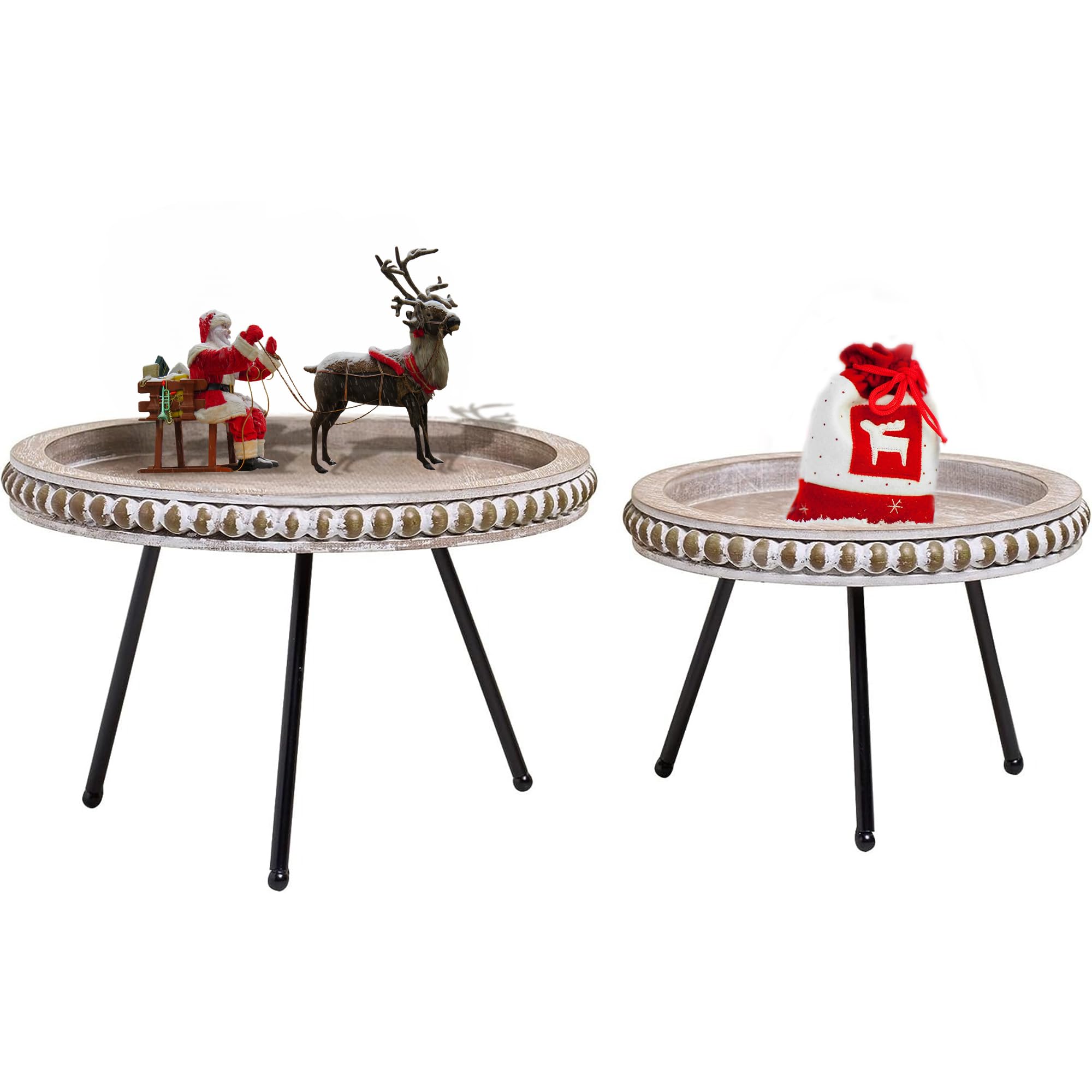 Defined Deco Round Decorative Tray,Wood Beaded Tray,Cake Stand or Plant stand with Removable legs,12" Shabby Chic Tray Decor,Farmhouse Display Stands for Living Room,Coffee Table,Kitchen Island Decor.