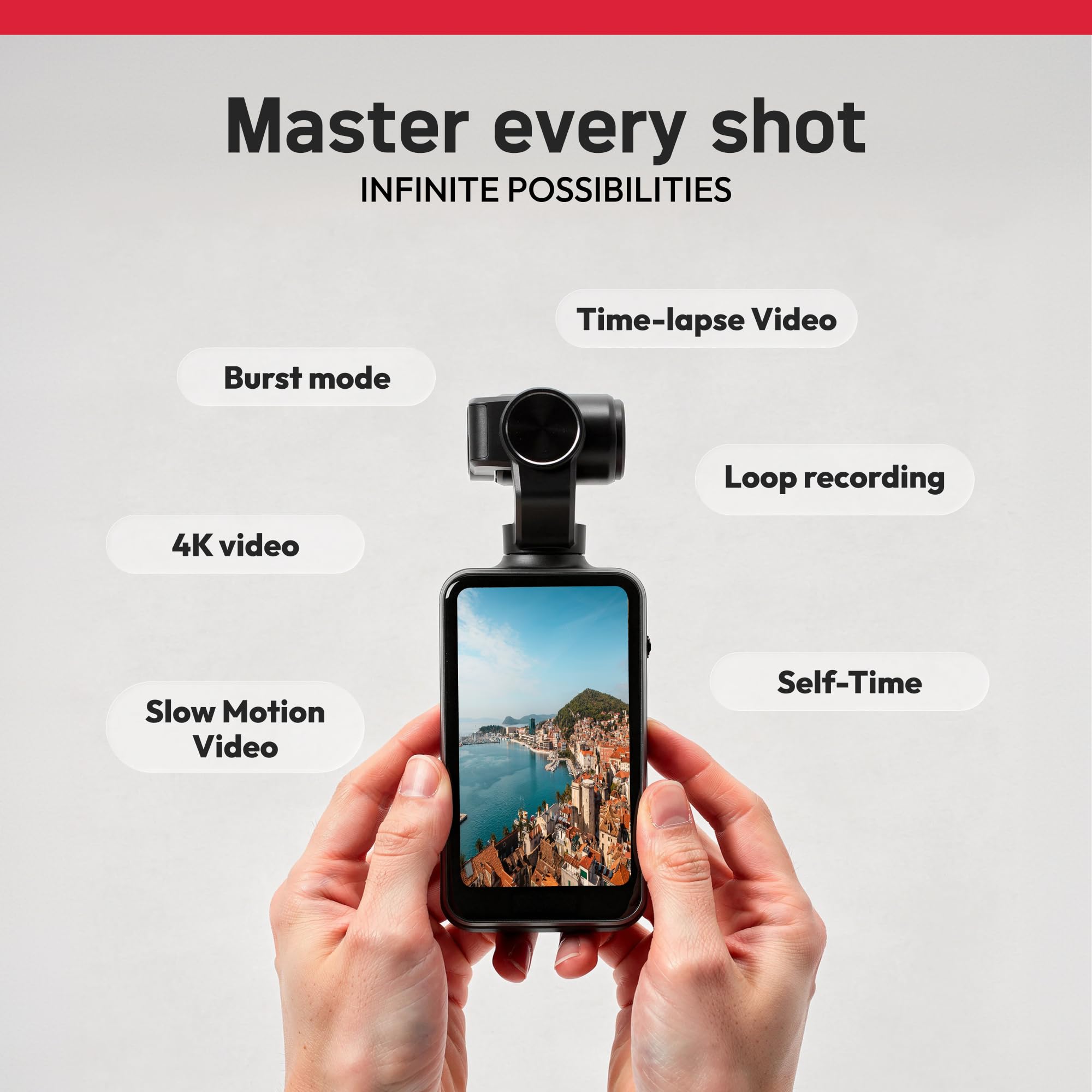 AGFA PHOTO Gimbal Realimove MC3X - Caméra Stabilisateur 3 Axes 4K Ultra HD, Écran Tactile Rotatif 3,5", 20 MP, Suivi de Visage, Vision Nocturne, Grand Angle 120°, Wi-FI, Autonomie 170 Min - Noir