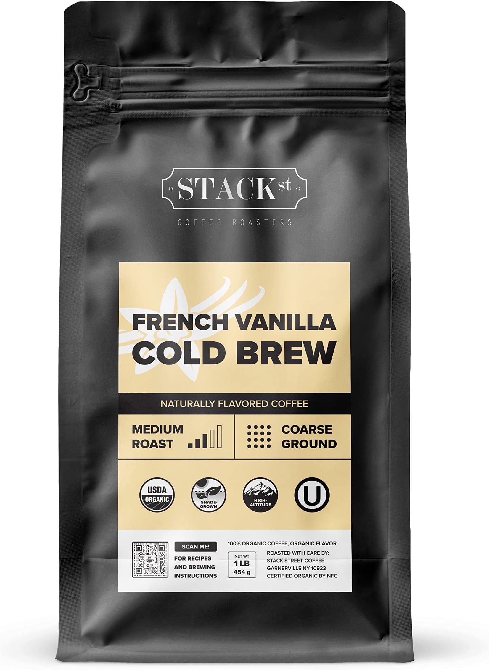 Stack Street Organic French Vanilla Flavored Cold Brew Coffee Coarse Ground 1 LB - Smooth Dark Roast, Coarse Grind -