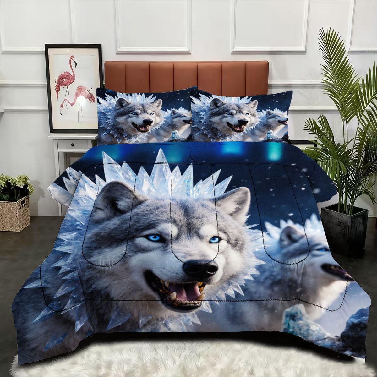 Couette 220x240 loup 3D : parure de lit 4 saisons réversible sans housse