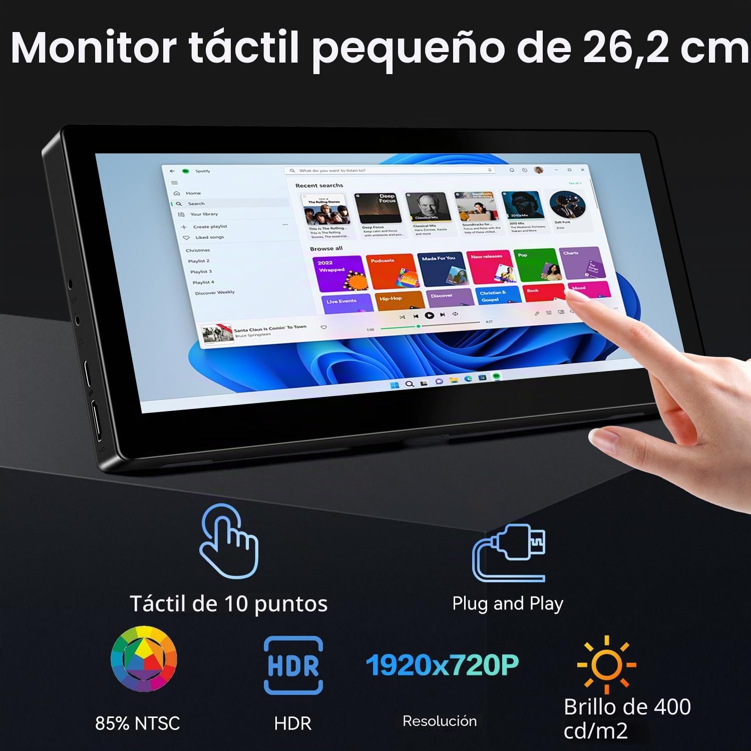 10,3 Pulgadas Monitor Secundario Táctil, Pantalla Portátil LCD IPS | LCD IPS Display Alargada 1920 × 720, HDMI y USB-C para Ordenador, para Monitorización de GPU, CPU y RAM