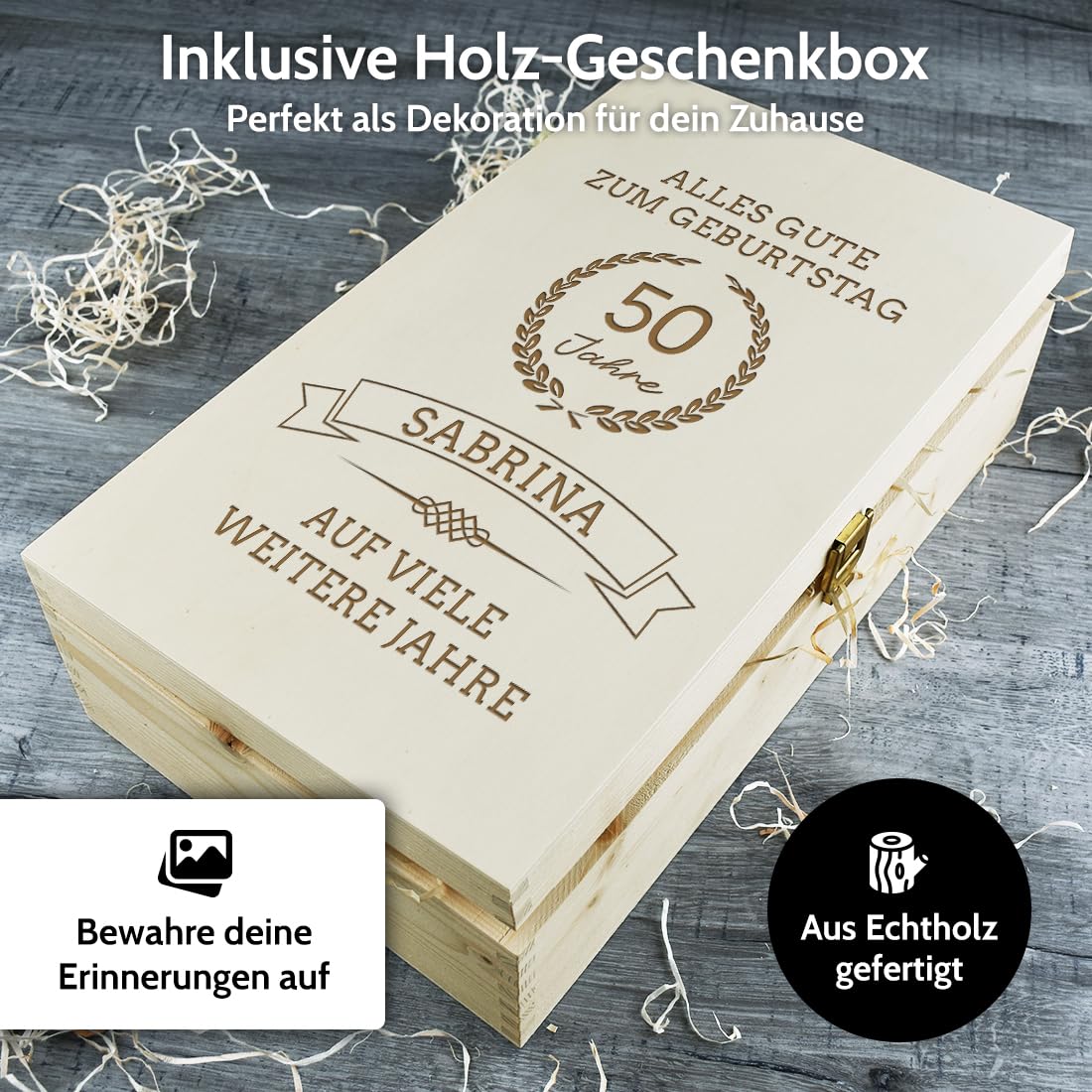 polar-effekt 3-teiliges Set Sektgläser & Holzbox mit personalisierter Gravur - beinhaltet 2 Gläser & Kiste aus Fichtenholz - Geschenk zum Geburtstag & Jubiläum