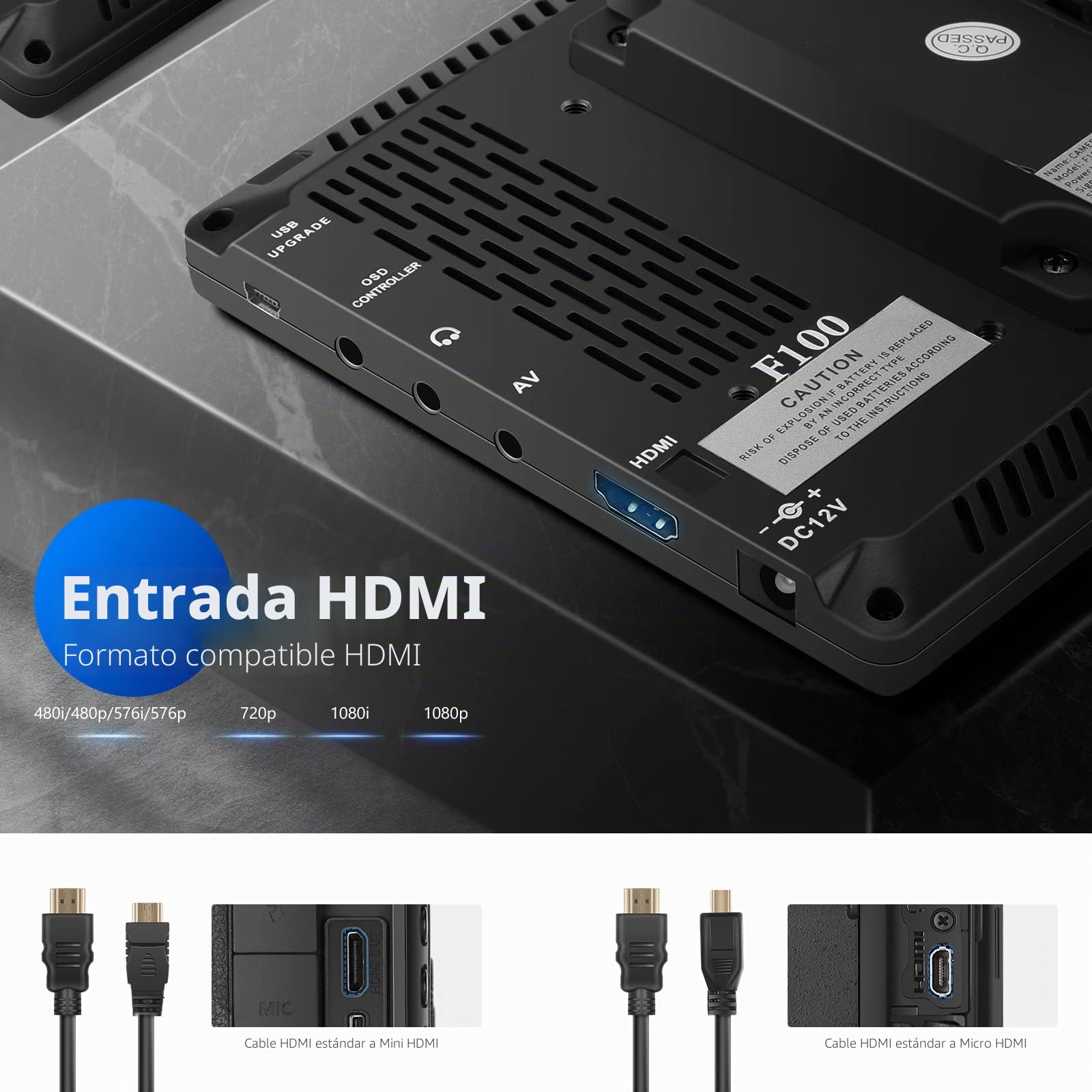 NEEWER F100 7 Pulgadas Monitor de Campo de Cámara HD Asistente de Video Delgado IPS 1280x800 4K Entrada HDMI 1080p con 2600 mAh Li-ion Catería/Cargador USB, Estuche de Transporte para Cámaras DSLR