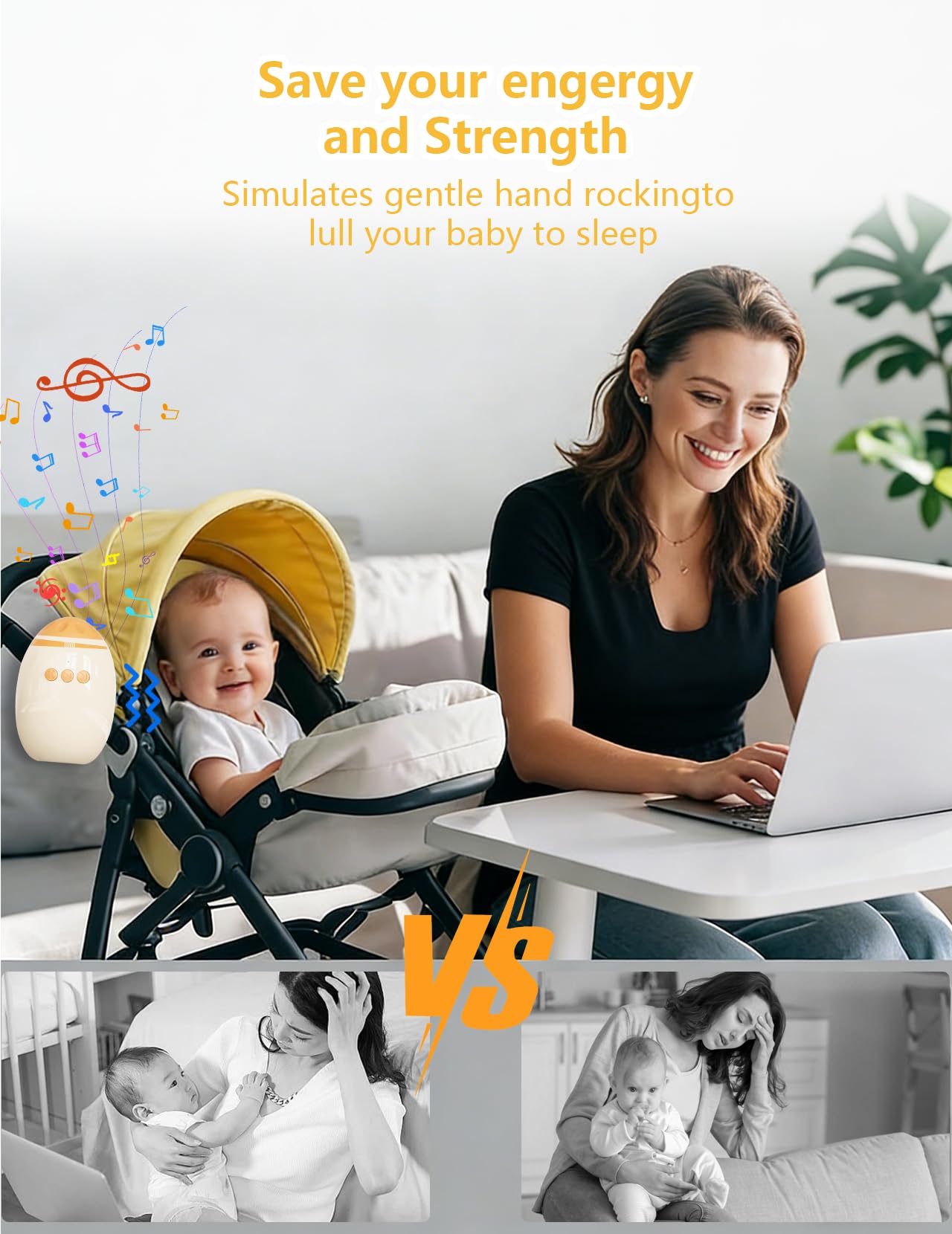 Cochecito de bebé, ayuda a dormir recargable con temporizador, carga USB-C, función de balanceo portátil para cochecito y cochecito