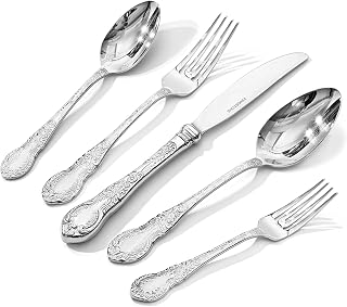 KINGSTONE Vintage Carved Silverware Set, 20-Piece 18/10 Stainless Steel Flatware Cutlery Set with Retro Royal Thick Handle, Tableware Utensils for Home, Restaurant, party, Wedding, Dishwasher Safe
