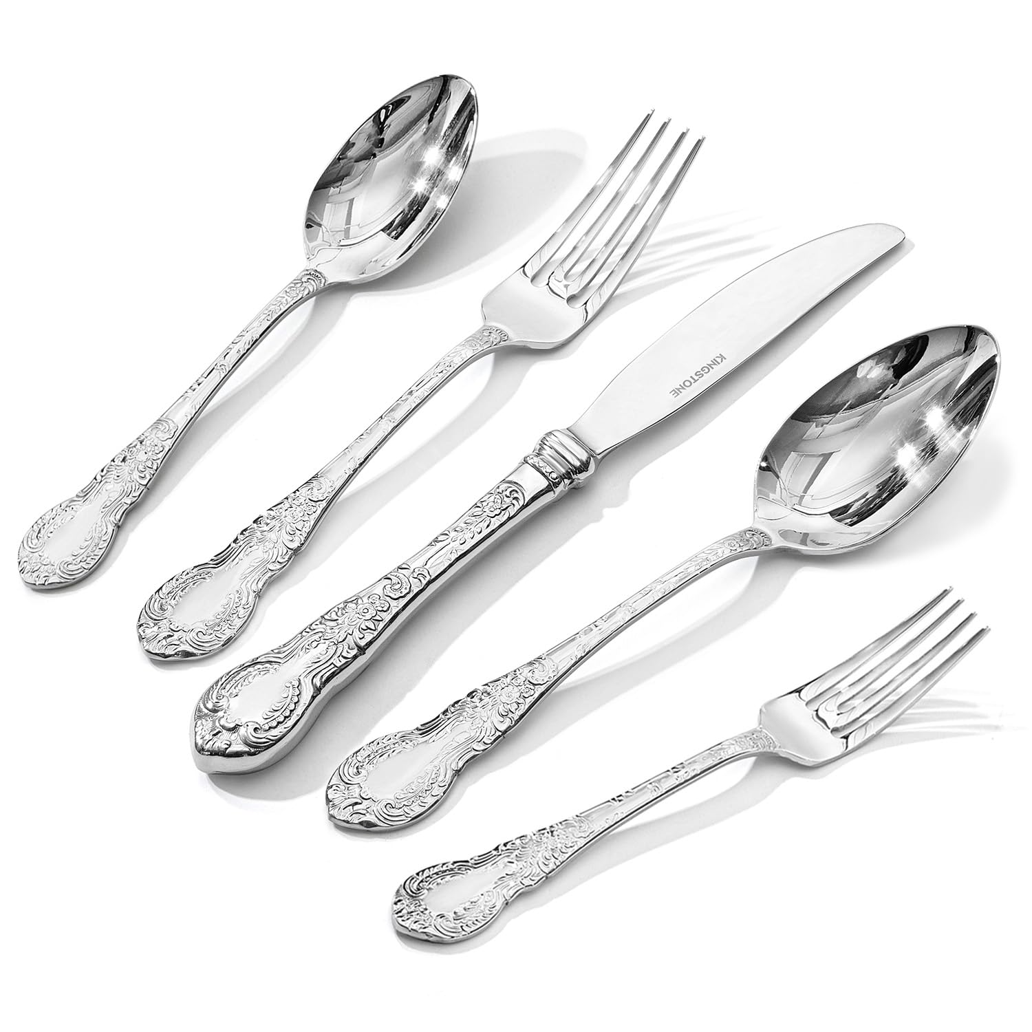 KINGSTONE Vintage Carved Silverware Set, 40-Piece 18/10 Stainless Steel Flatware Cutlery Set with Retro Royal Thick Handle, Tableware Utensils for Home, Restaurant, party, Wedding, Dishwasher Safe