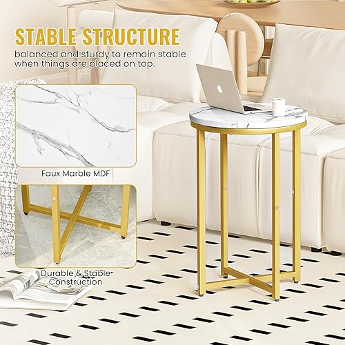 Miniatura 6 de DKLGG Juego de 2 mesas auxiliares modernas doradas, mesa auxiliar redonda pequeña con marco dorado, mesa auxiliar de mármol para sala de estar,