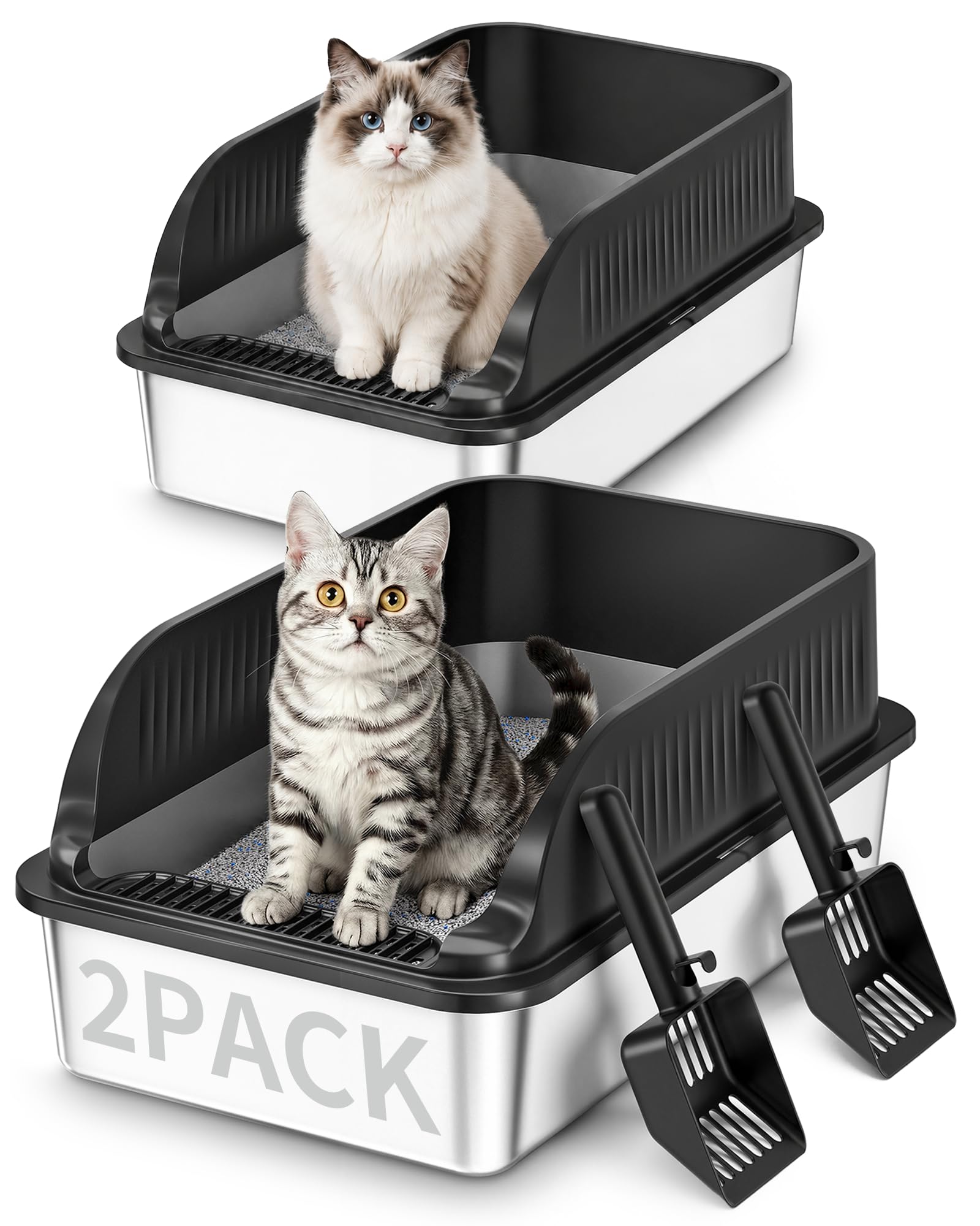 2 Pezzi Lettiera Gatto Acciaio Inox, Lettiera per Gatti con 2 Palette, Semi-Chiusa Toilette per Gatti Grande XXL, Sabbiera Alta Rimovibile, Antiodore, Facile da Pulire, Antiaderente, Nero