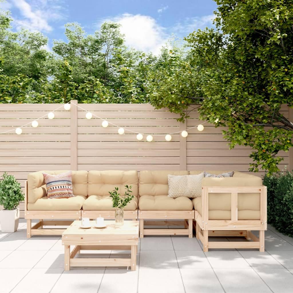 6-częściowy zestaw mebli ogrodowych z litego drewna sosnowego, meble outdoorowe z poduszkami, modułowa sofa na balkon, taras, patio, beżowy