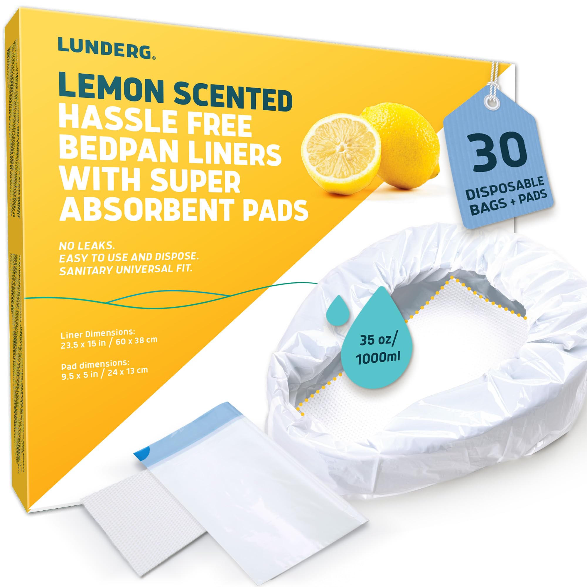 Lunderg Bedpan Liners with Lemon Scented Super Absorbent Pads - Value Pack 30 Count - Medical Grade & Universal Fit - Bed Pans for Females, Elderly Men and Women - Make Life so Much Easier