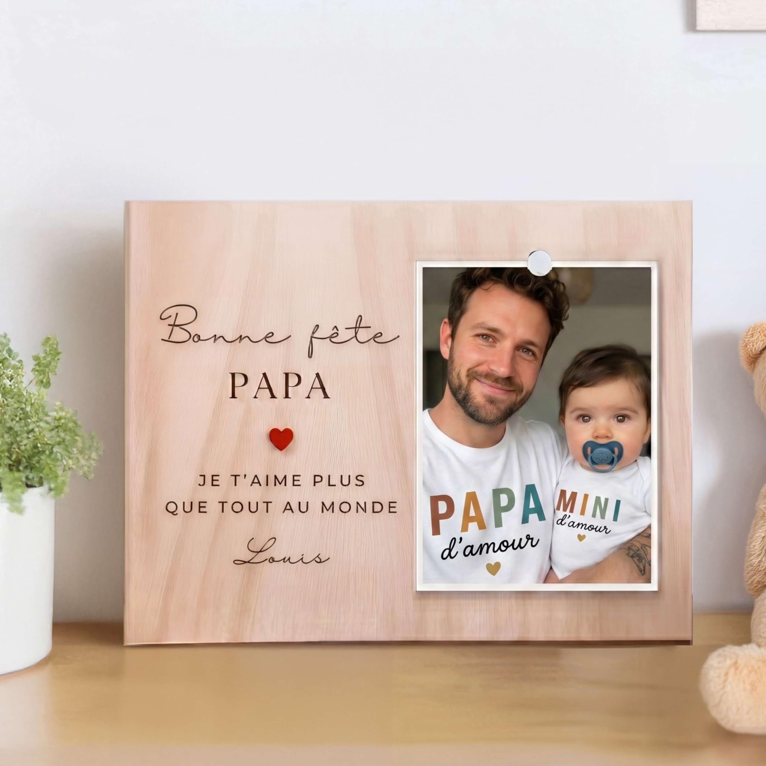 cadre photo personnalisé pour une 1ère fête des pères, idée cadeau fête des pères personnalisé, bonne fête papa, bois gravé, souvenir papa