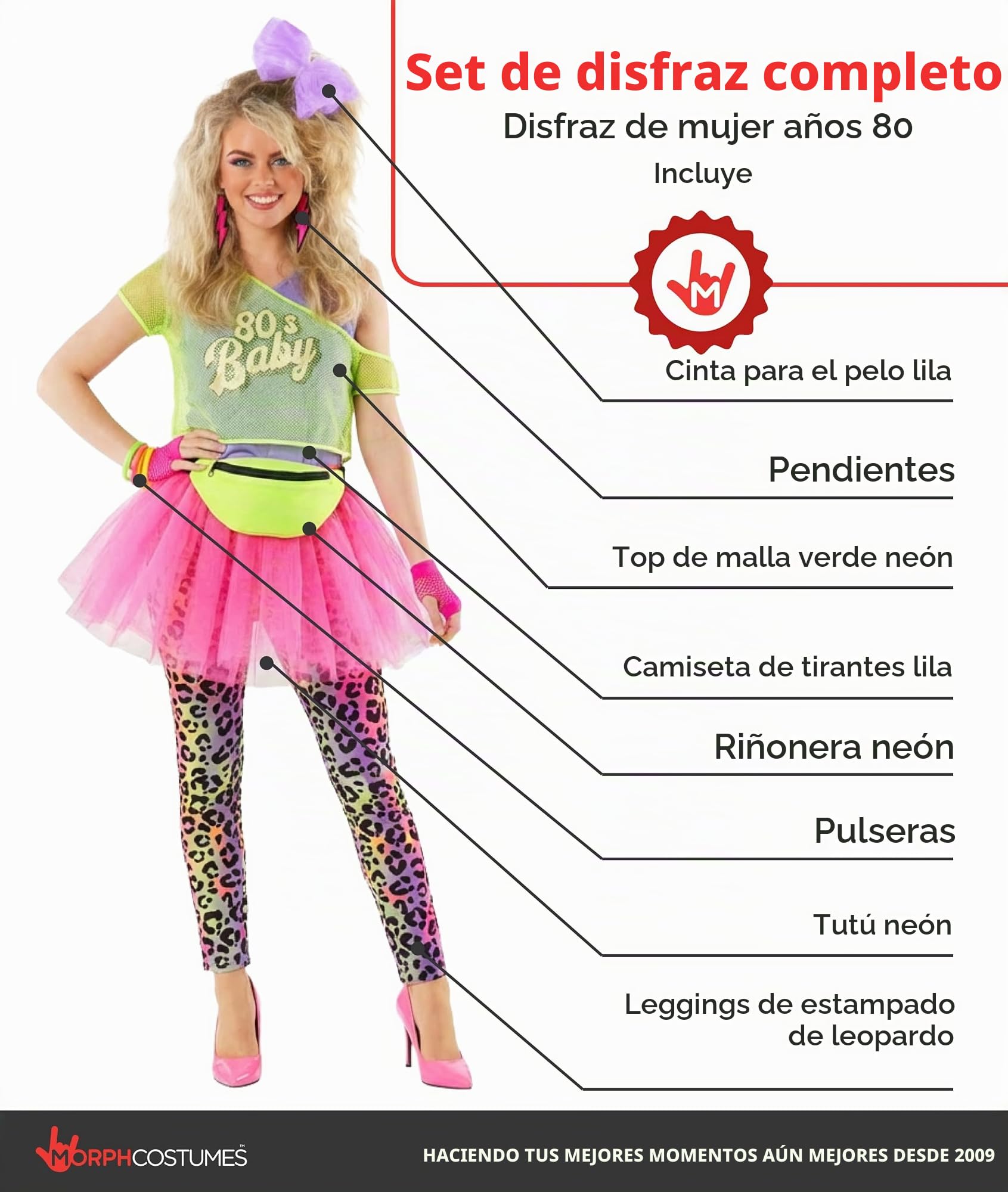 Morph Disfraz Años 80 Mujer, Disfraz Fiesta Halloween Mujer