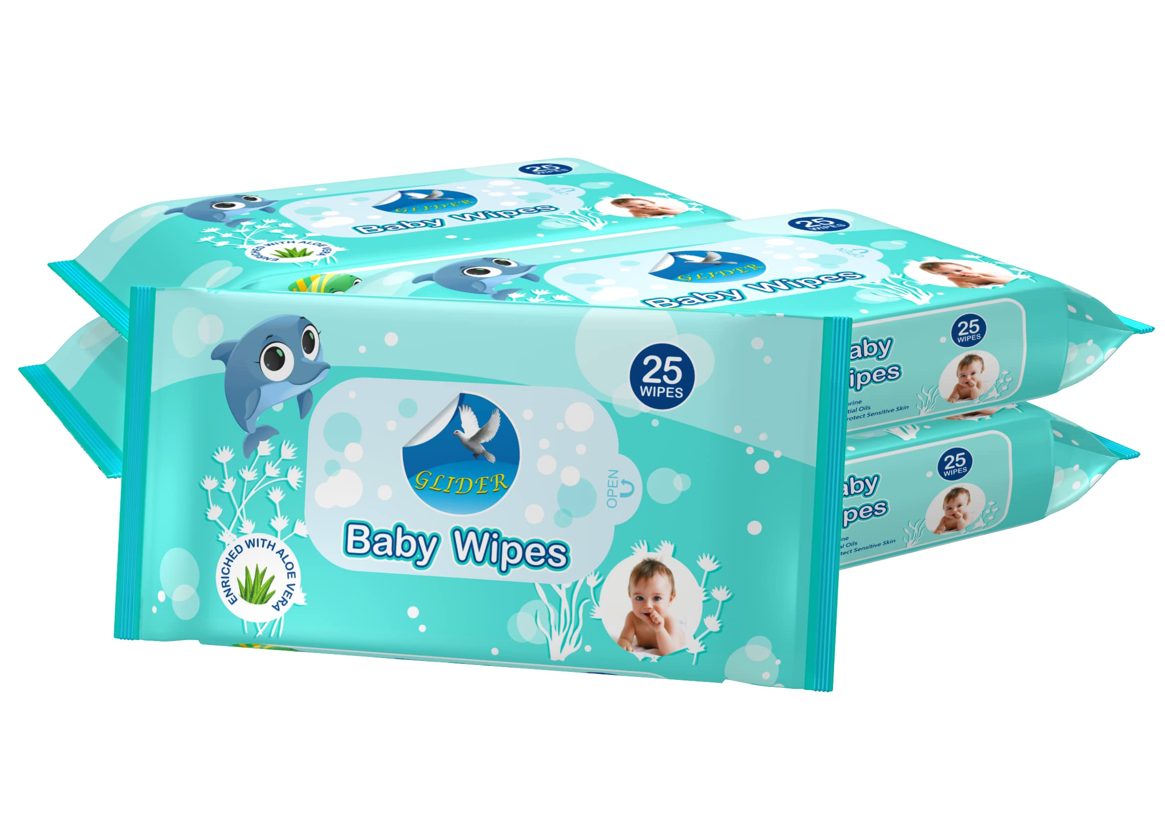 Baby Wipes | 25 Wipes/Pack | Soft & Thick with 98% Water | Aloe Vera & Vitamin E | (Pack of 5 – 125 Wipes)