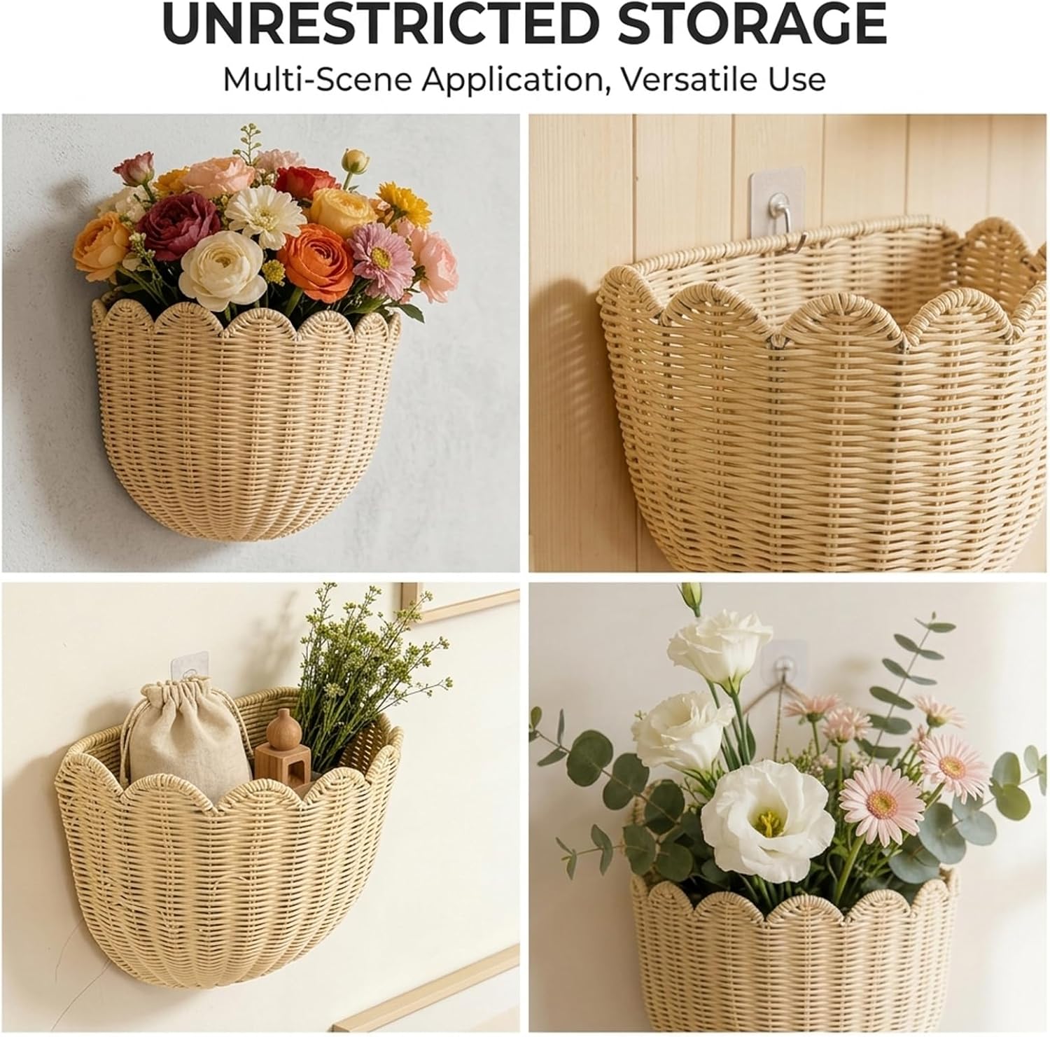 Scalloped Wall Basket for Home Decor, Beige Woven Hanging Storage Basket with Unique Petal Edge, Wall Mounted Organizer for Bathroom, Kitchen, Bedroom 15.35x6.02x8.9 inch